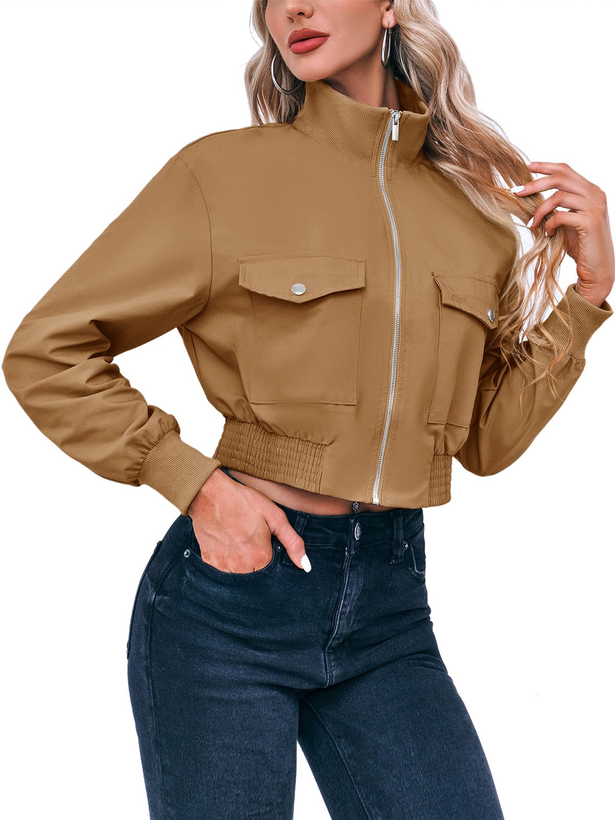 Fisoew Women's Fashion Cropped Bomber Jacket Long Sleeve Zip Up Stand Collar Jacket Coat with Pocket