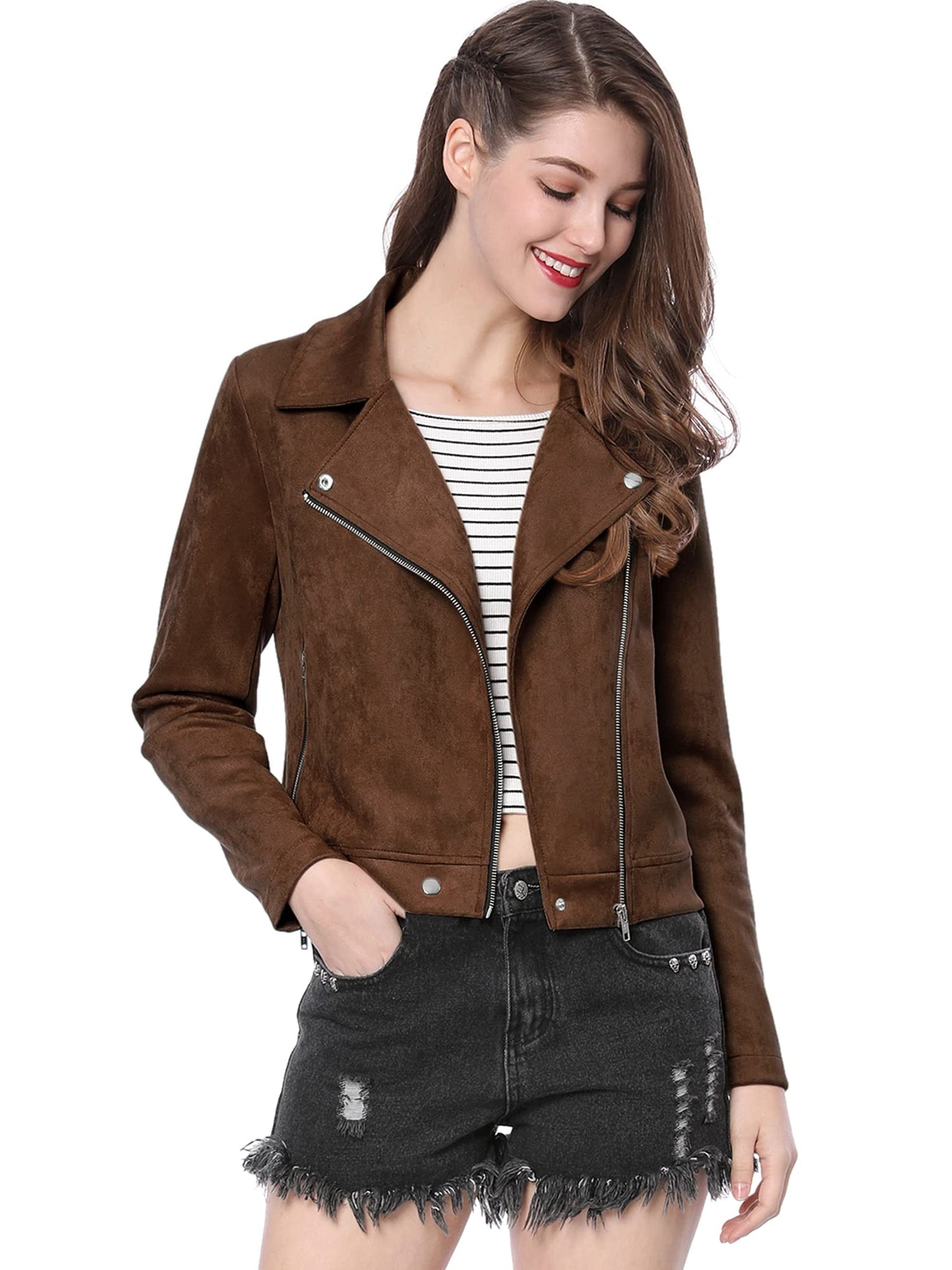 Allegra K Women Short Soft Zip Up Faux Suede Biker Moto Jacket Small Dark Brown