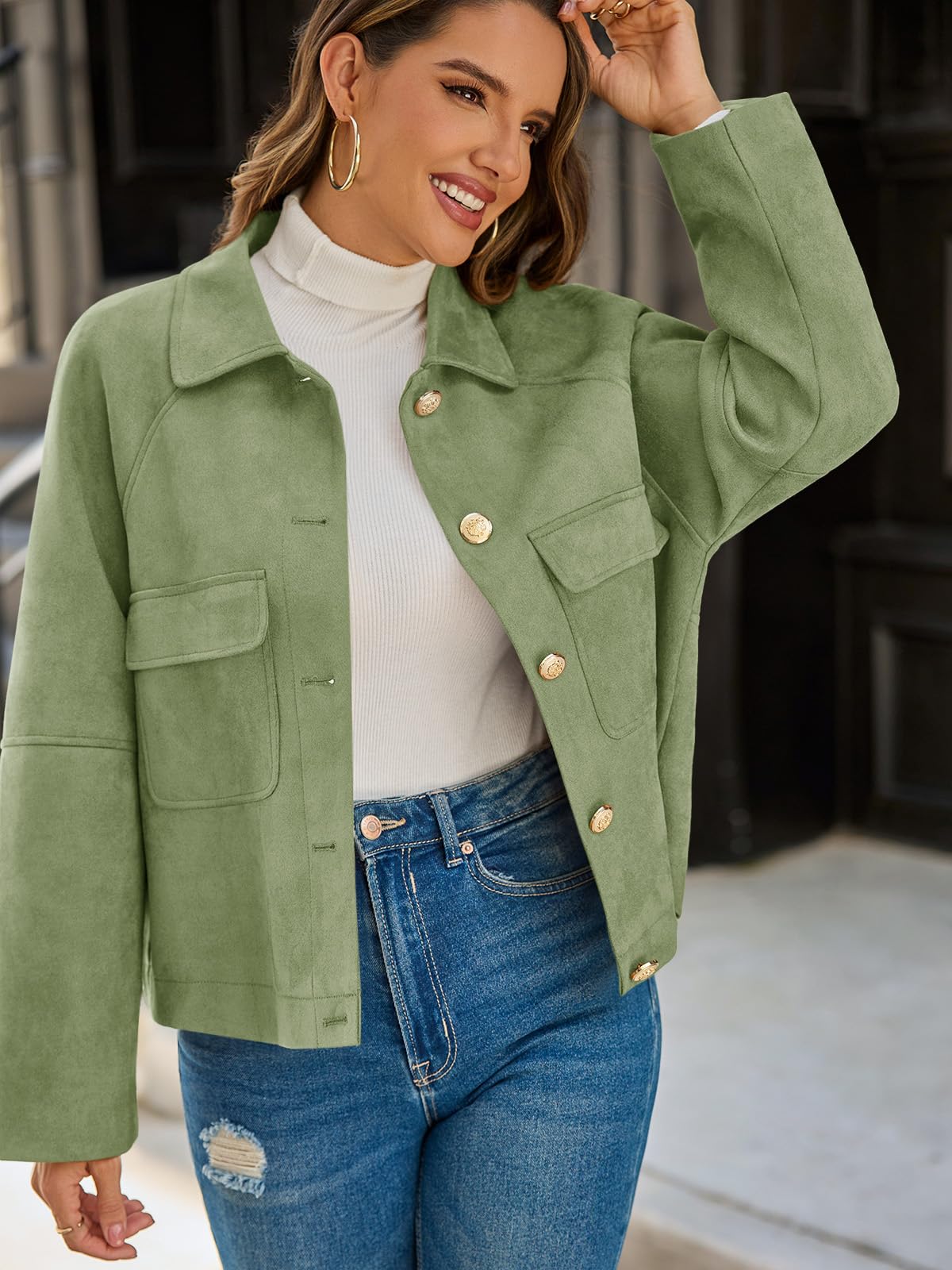 Cicy Bell Womens Faux Suede Leather Jackets Oversized Cropped Casual Lapel Collar Button Down Fall Vintage Shackets