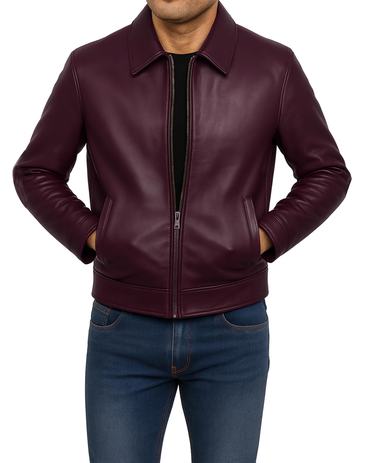 Jild Polo Collar Premium Leather Jacket Men - Old School Classic Style Everyday Wear Real Lambskin Mens Leather Jacket (Polo-Burgundy-XXL)