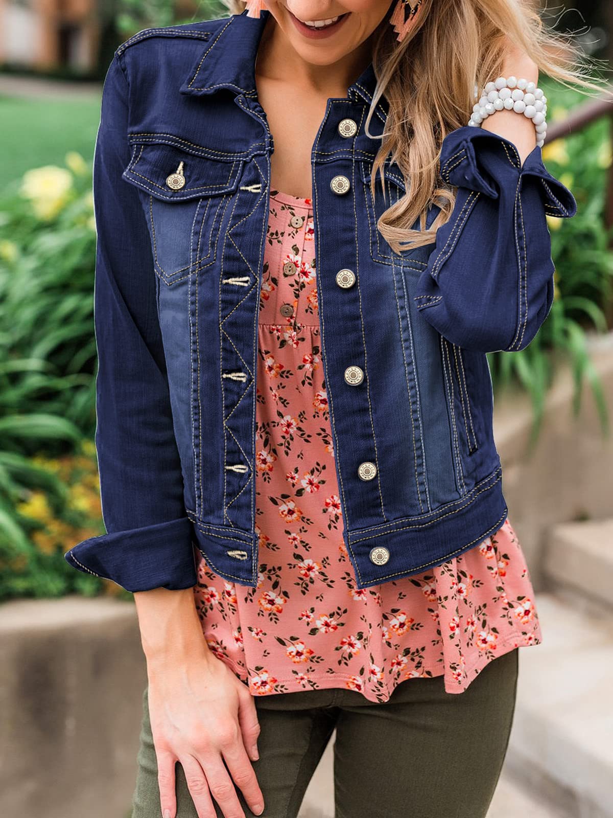 luvamia Women's Basic Button Down Stretch Fitted Long Sleeves Denim Jean Jacket Deep Blue Size Medium