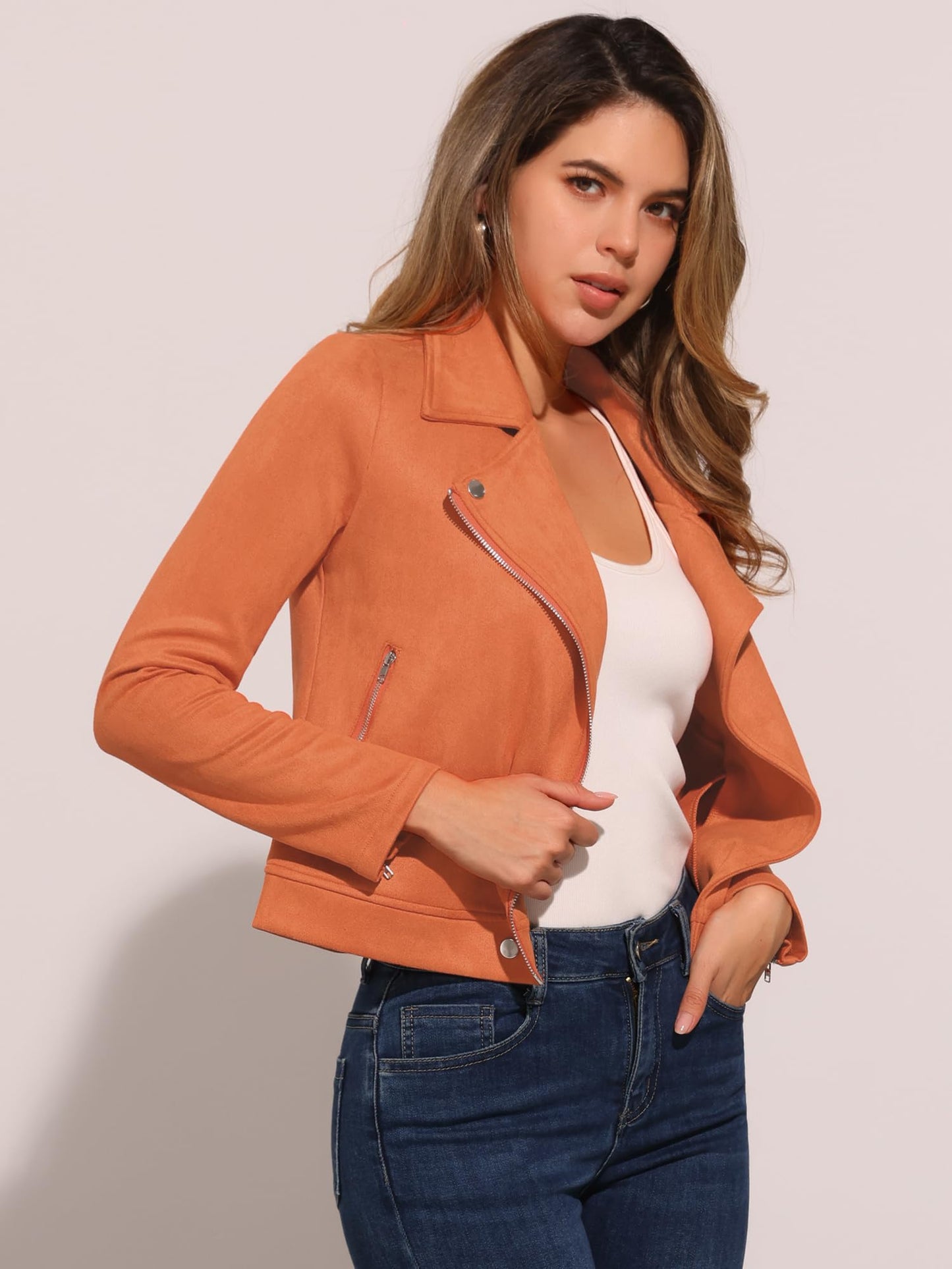 Allegra K Women Short Soft Zip Up Faux Suede Biker Moto Jacket Small Orange