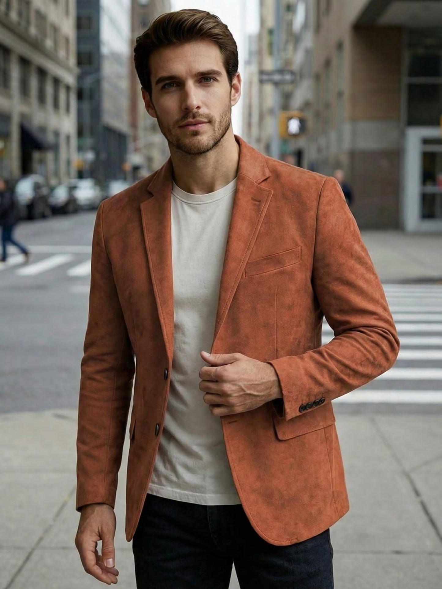 Casual Suede Jacket Men Slim Fit Western Cowboy Vintage Style Faux Suede Blazer for Men Business Prom Party Wedding Beige Mens Suits Jacket Sports Coat, M