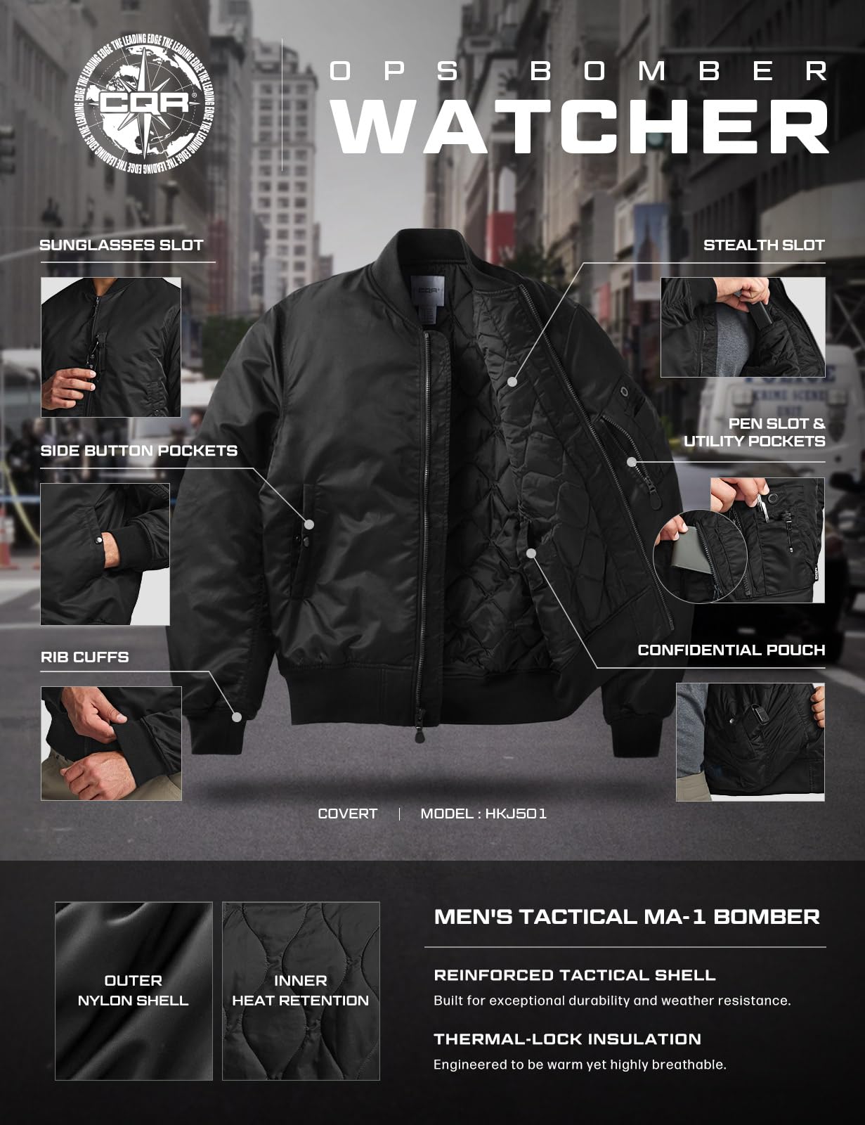 CQR Men's Casual Bomber Jacket, Outdoor Fall/Winter Zip-Up Windbreaker, Water Resistant Padded MA-1 Flight Jacket with Pocket, Watcher Black, Medium