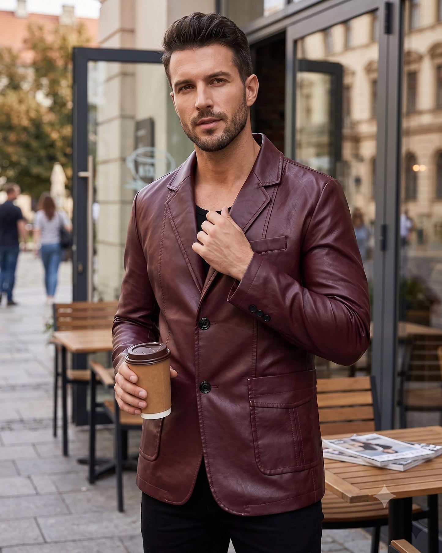 Arkgene Red Leather Jackets Men Faux Leather Blazer Button Closure Blazer L