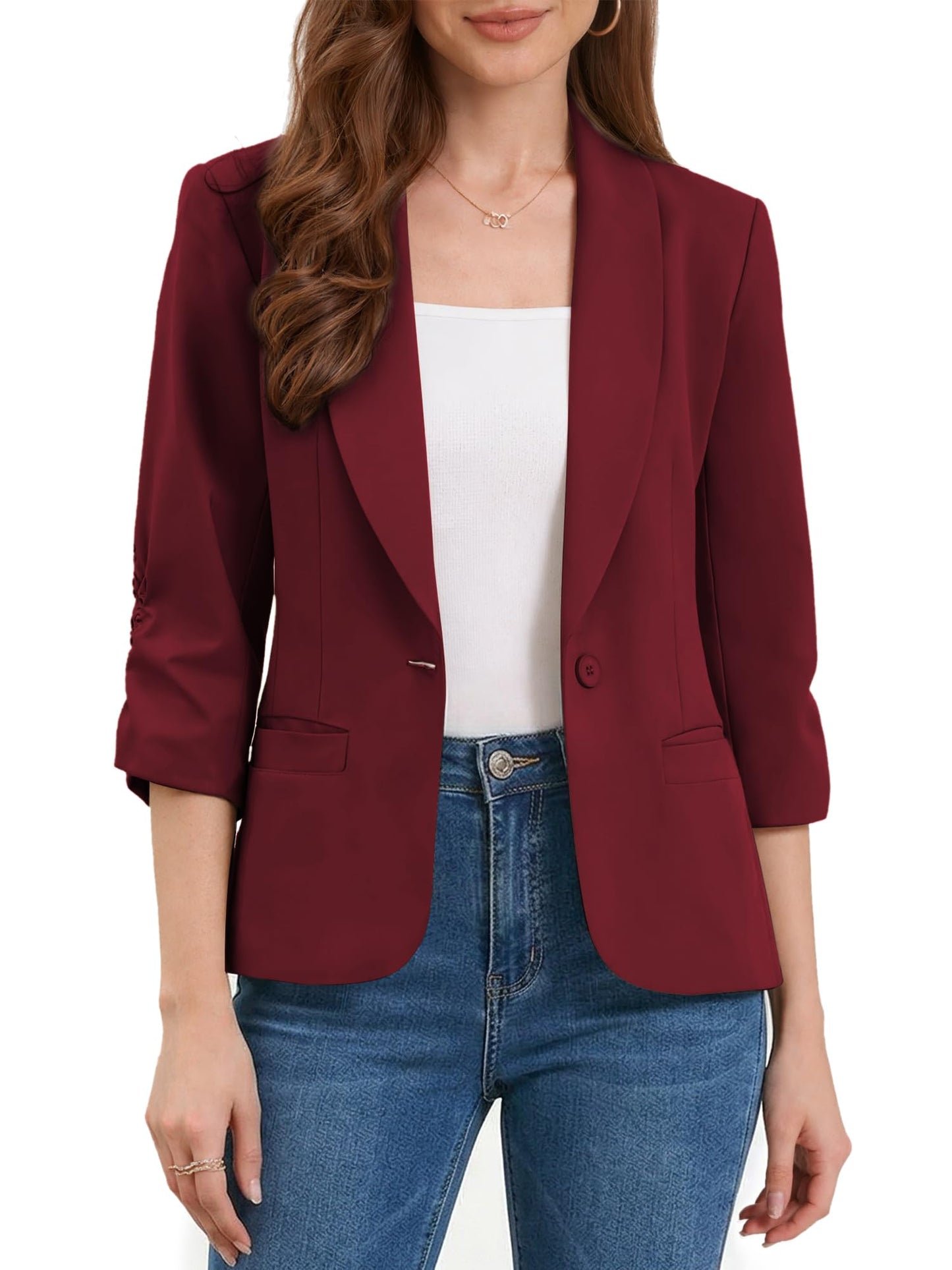 Allegra K Blazer for Women Business Casual Outfits Ruched 3/4 Sleeve Lapel Spring Dressy Suit Jackets with Pockets Medium Burgundy