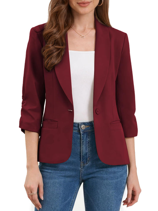 Allegra K Blazer for Women Business Casual Outfits Ruched 3/4 Sleeve Lapel Spring Dressy Suit Jackets with Pockets Medium Burgundy