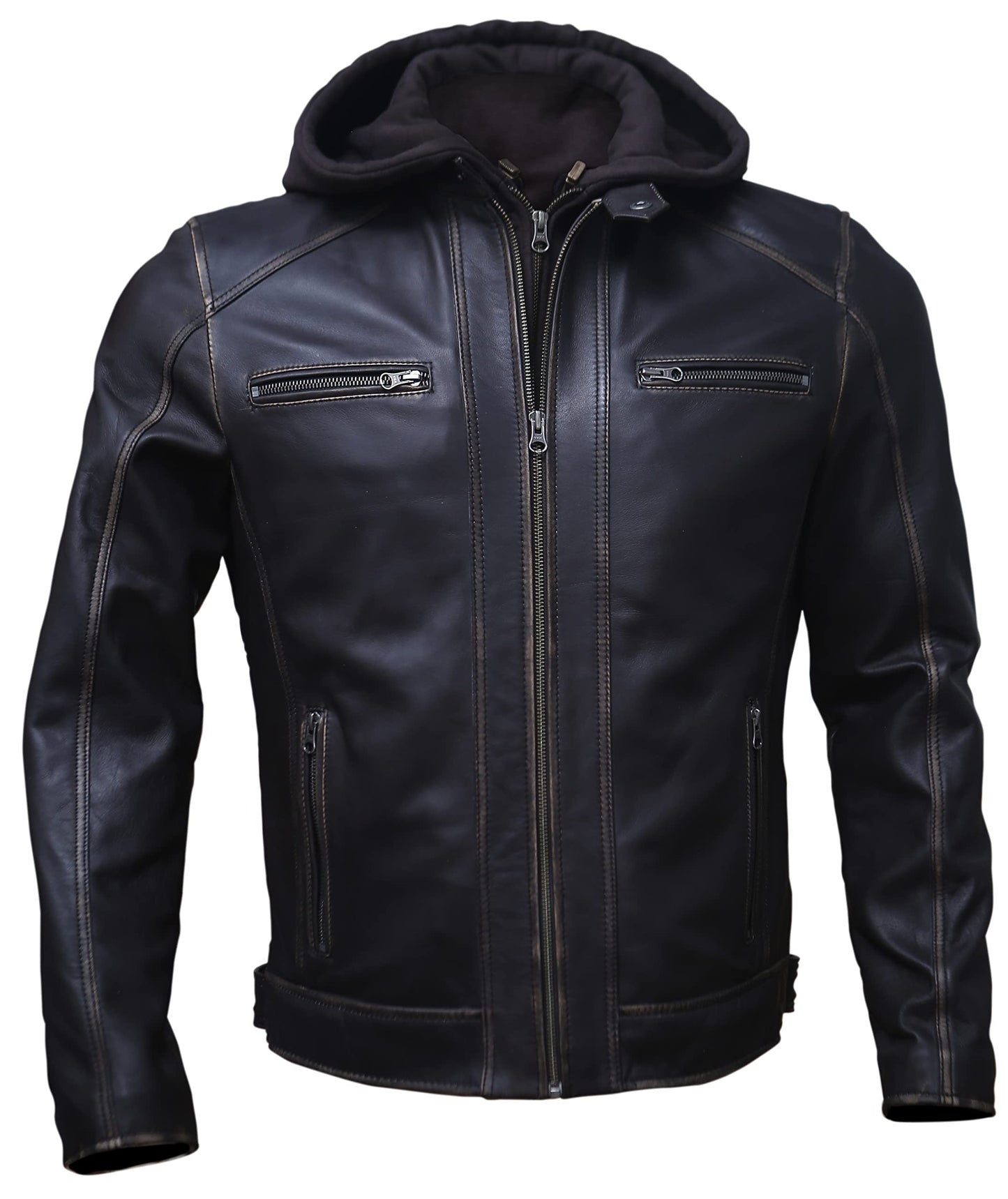 Artistry Mens Genuine Lambskin Leather Motorcycle Jacket with Removable Hood in Black Brown (Large, Distressed Brown)