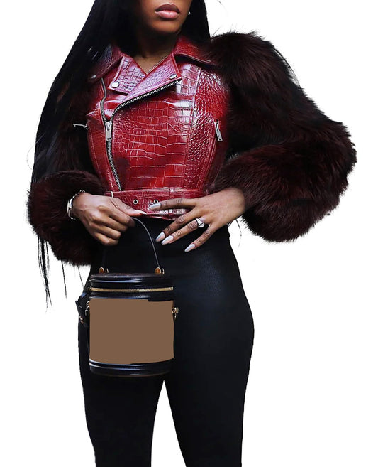pnahip Faux Fur Leather Jackets for Women Lapel V Neck Long Sleeve Zipper Patchwork Crop Jacket Going Out Outerwear, Red, XL