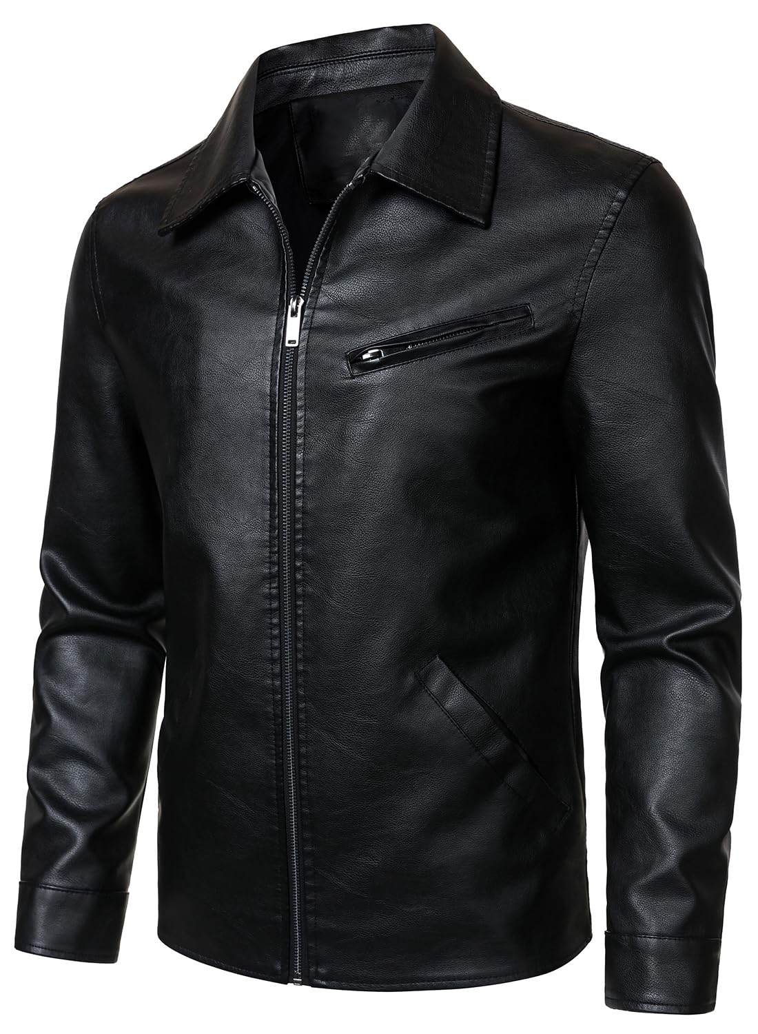 HOOD CREW Men’s Classic Faux Leather Jackets Turn Down Collar Leather Coat Lightweight Outerwear Biker Jacket Black M