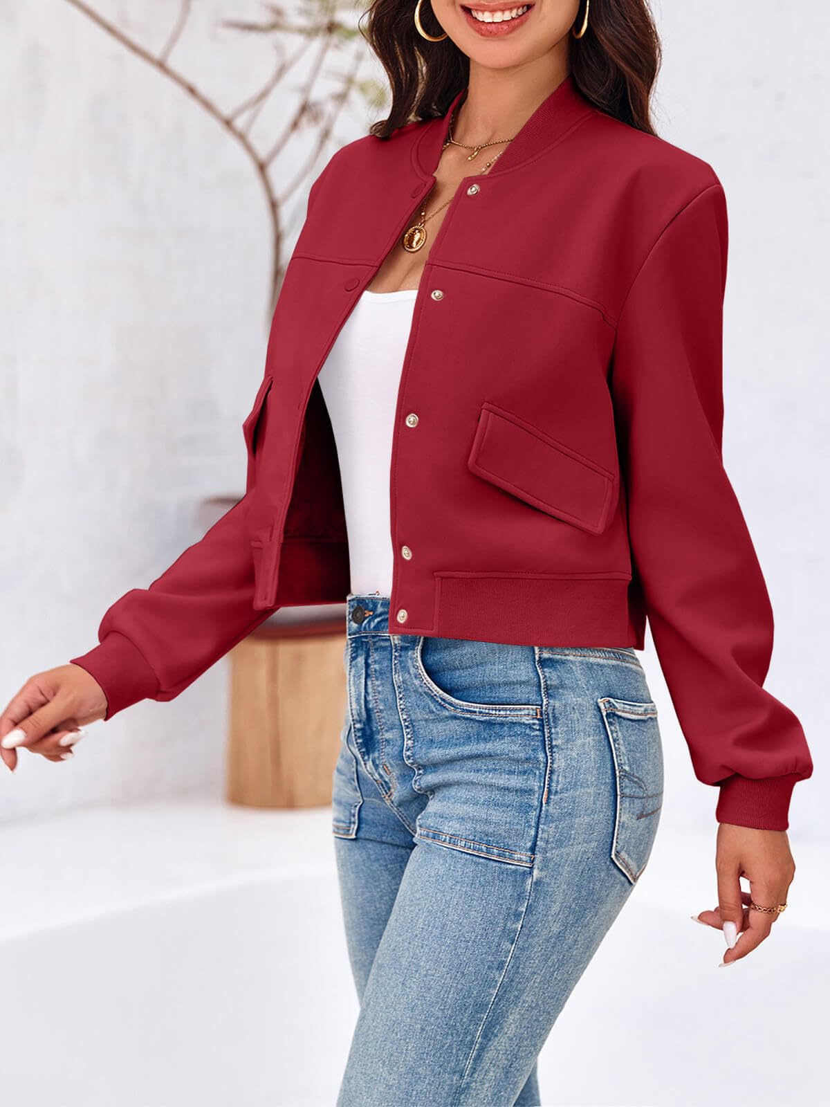 Tankaneo Womens Cropped Bomber Jackets Casual Button Down Long Sleeve Stand Collar Varsity Shacket Coats