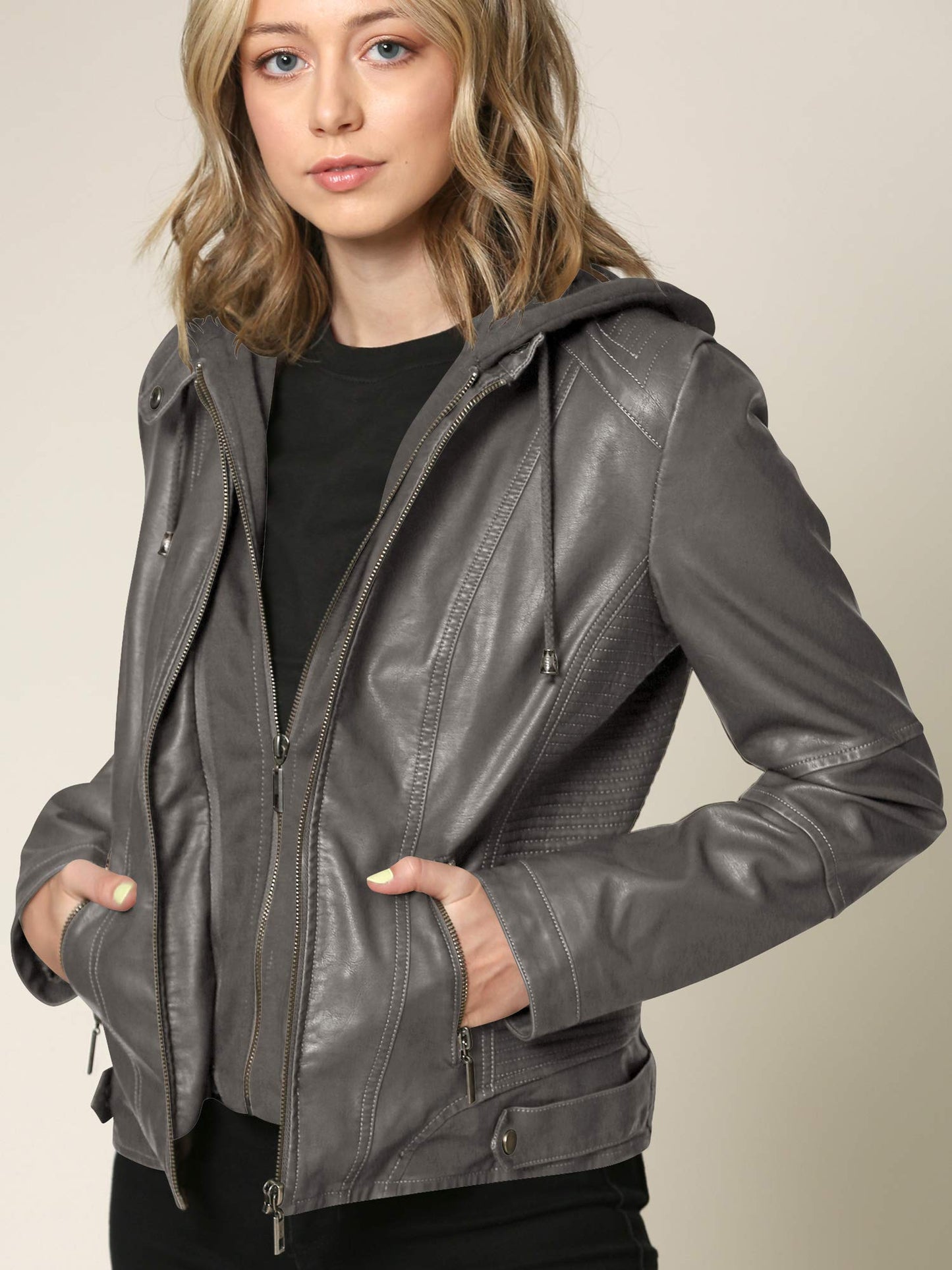 Lock and Love LL WJC1044 Womens Faux Leather Quilted Motorcycle Jacket with Hoodie Medium Grey
