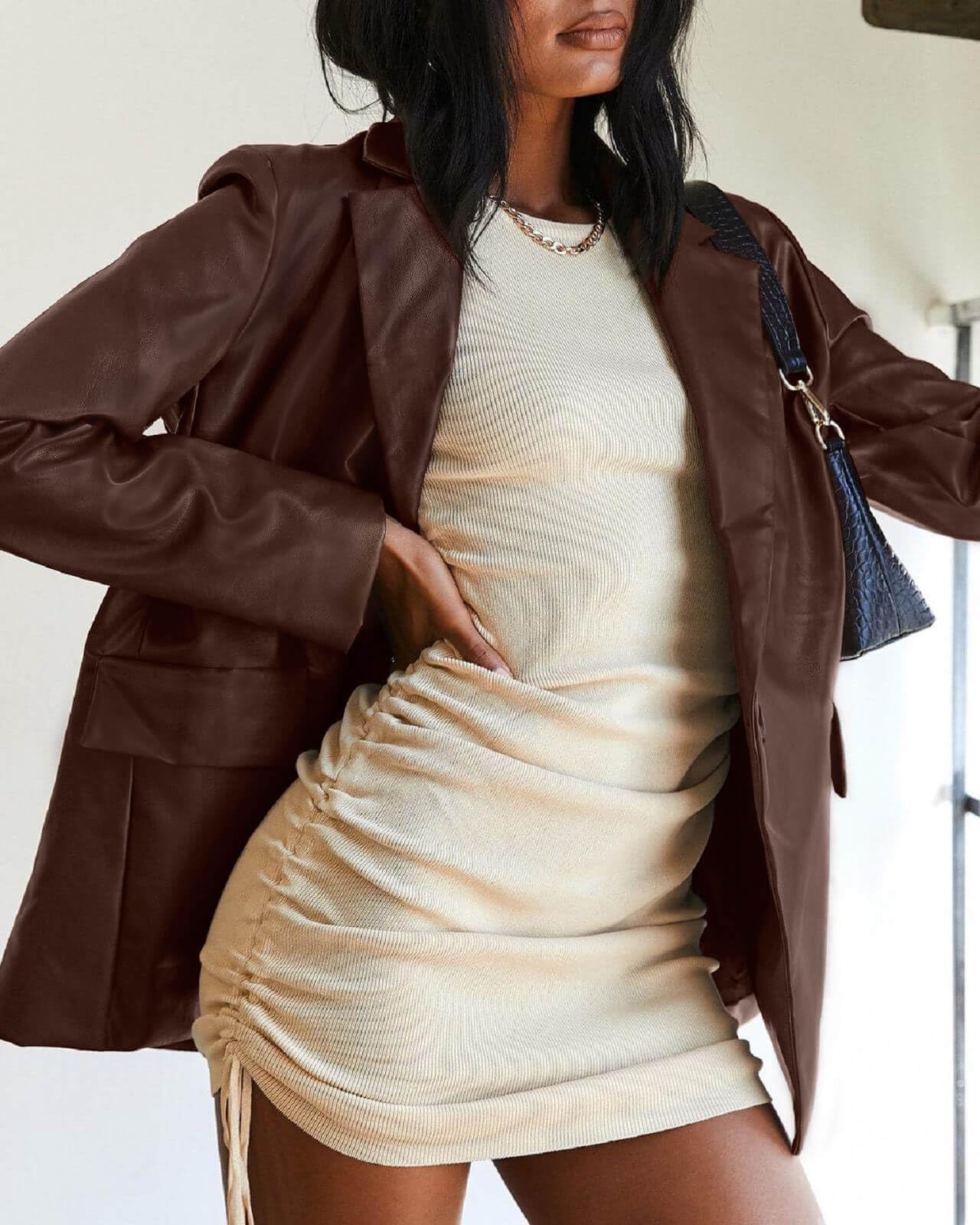 Pepochic Womens Oversized Leather Jacket Long Sleeve Faux Leather Blazer Lapel Button Down Leather Shacket Coat with Pockets