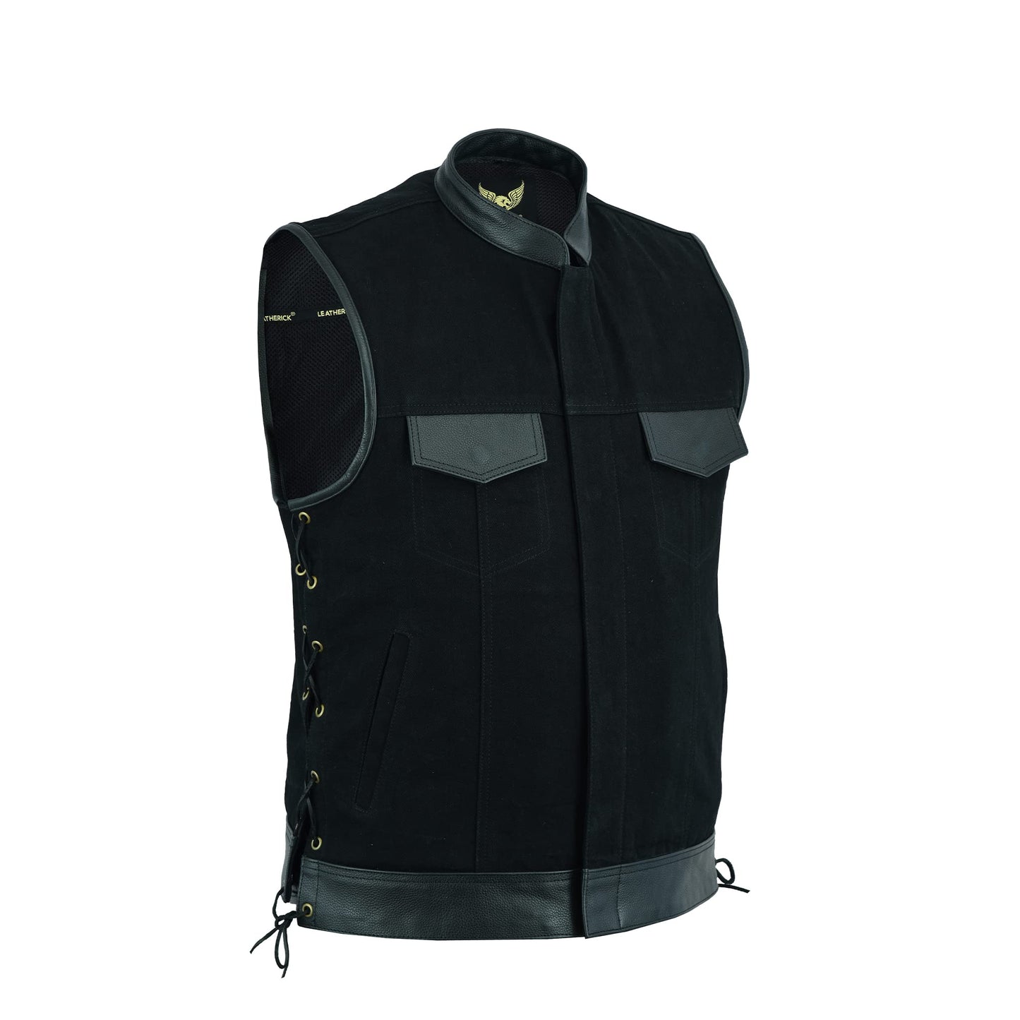 Leatherick Mens Side Lace Black Denim Vest with Leather Trims for Motorcycle Bikers (XL)