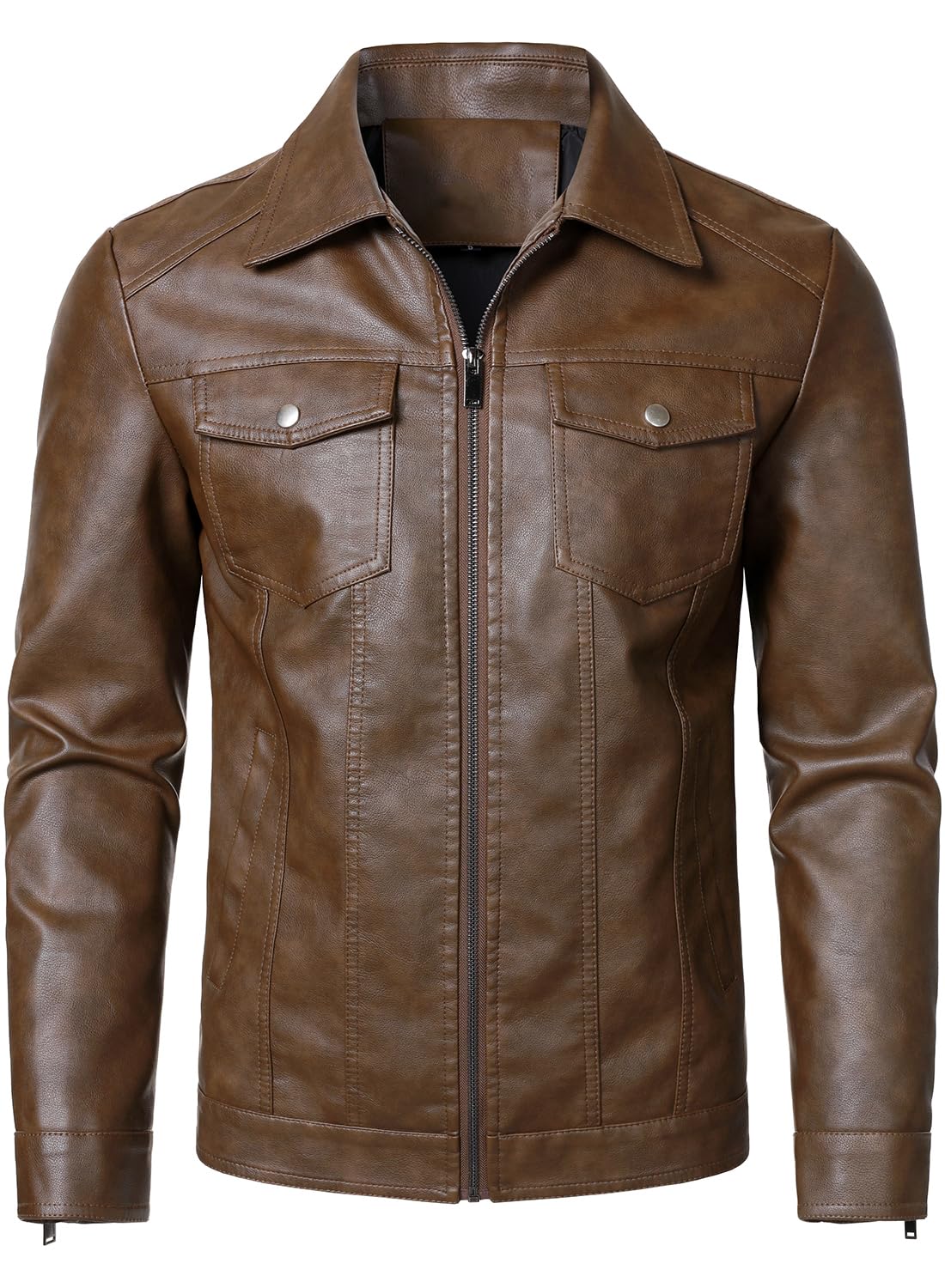 HOOD CREW Mens Leather Jacket Motorcycle Biker Jackets Casual Lightweight Faux Leather Outwear Dark Brown L