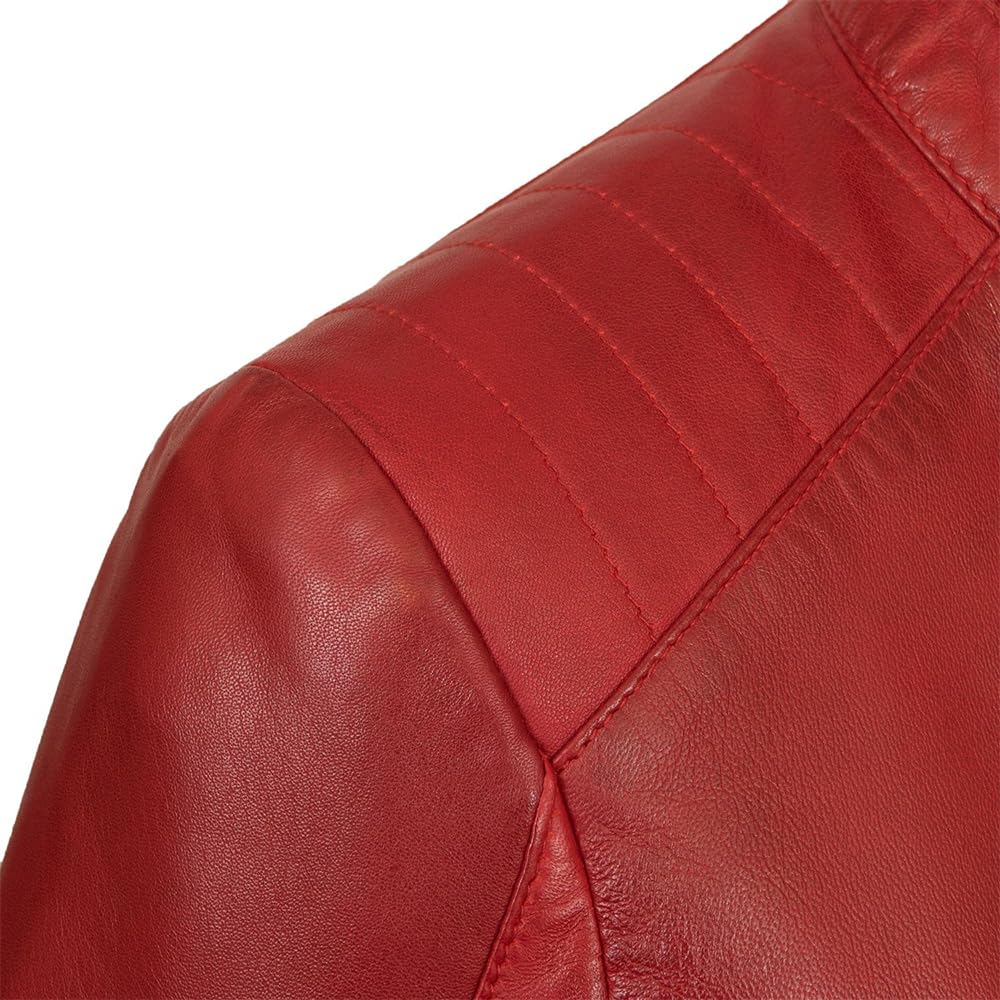 Café Racer Leather Jacket Women - Zip Up Moto Biker Style Casual Fashion Real Lambskin Women's Leather Jacket (US, Alpha, X-Small, Regular, Regular, Red)