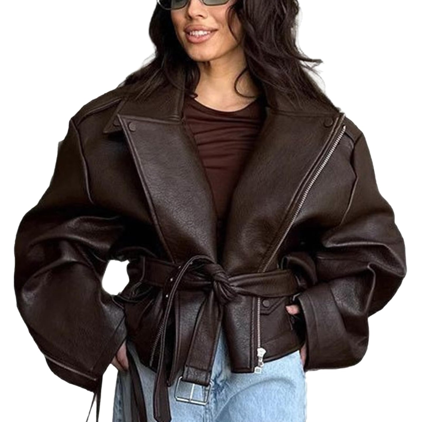 Mandonce Leather Jacket Zip up Oversized Motorcycle Cropped Jacket with Belt Y2K Streetwear Fall Winter Coats for Women 2026 Brown