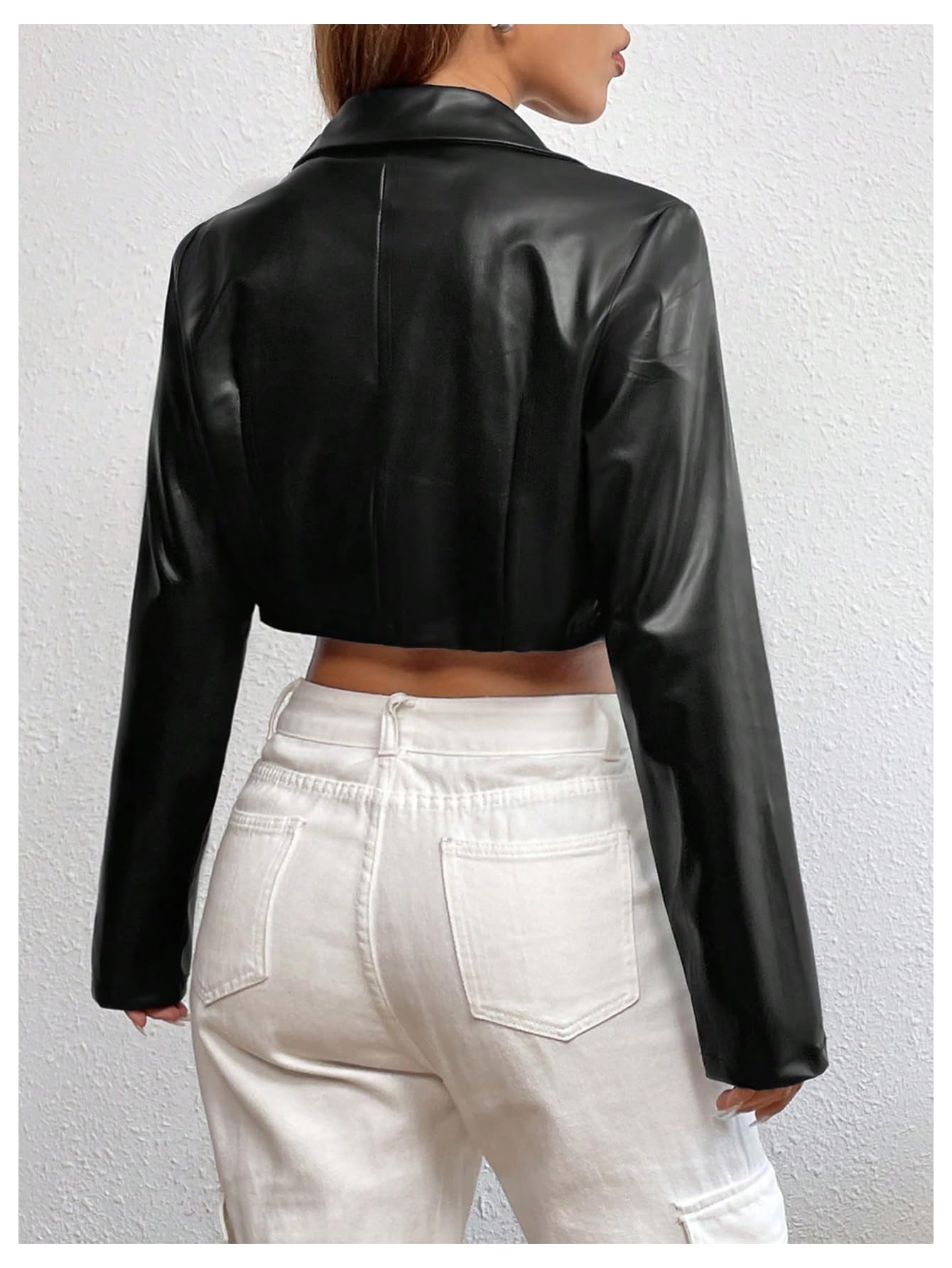 GORGLITTER Women's Cropped Faux Leather Jacket Y2k Long Sleeve Open Front Cardigan Bomber Moto Biker Jackets Rave Outfits Black Medium