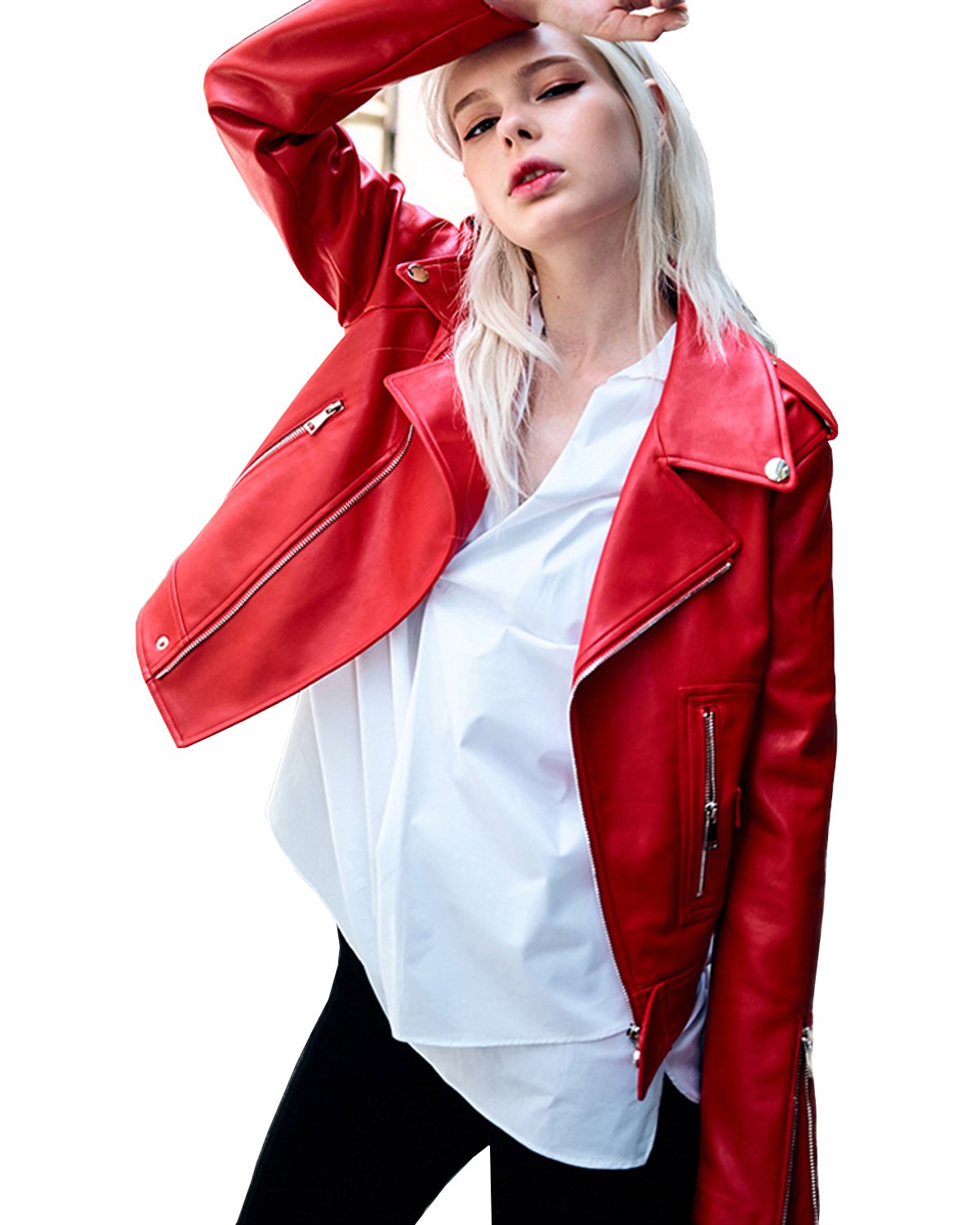 Women's Zipper Motorcycle Biker Faux Leather Jackets (L, Red)