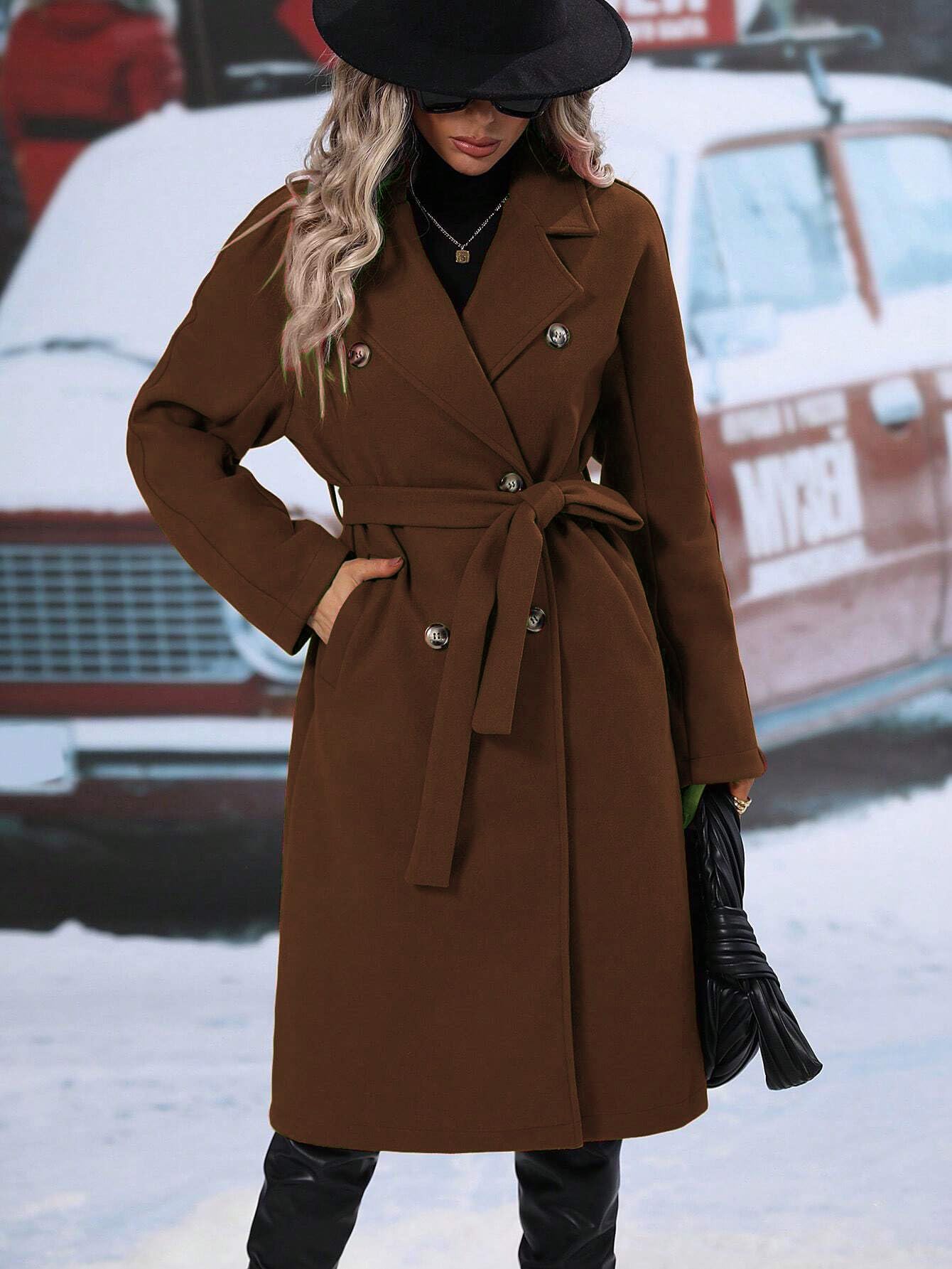 utcoco Womens Long Wool Pea Coat Notched Lapel Double Breasted Trench Coat Winter Warm Overcoat with Belt (Small, Brown)