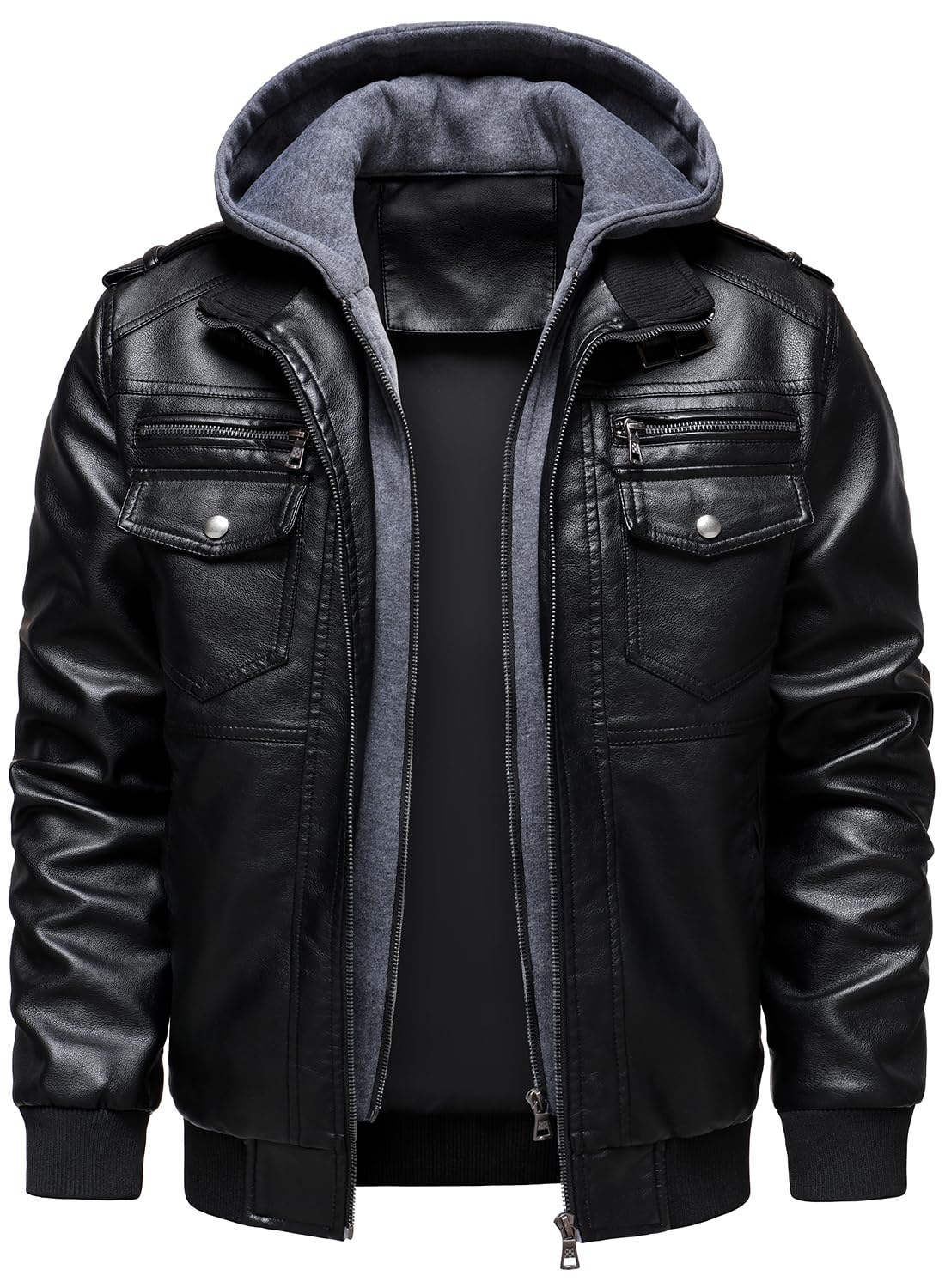 HOOD CREW Men's Faux Leather Hooded Jacket Motorcycle Jackets Water Repellent Windproof PU Moto Vintage Bomber Hoodie Coats Black L