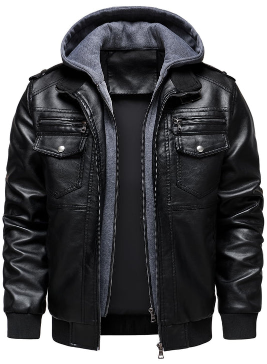 HOOD CREW Men's Faux Leather Hooded Jacket Motorcycle Jackets Water Repellent Windproof PU Moto Vintage Bomber Hoodie Coats Black L