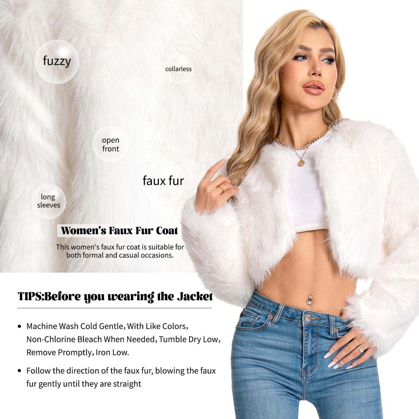 WELLATENT Fur Coats For Women,Plus Size Cropped Faux Fuzzy Jacket Fluffy Fall Coat.