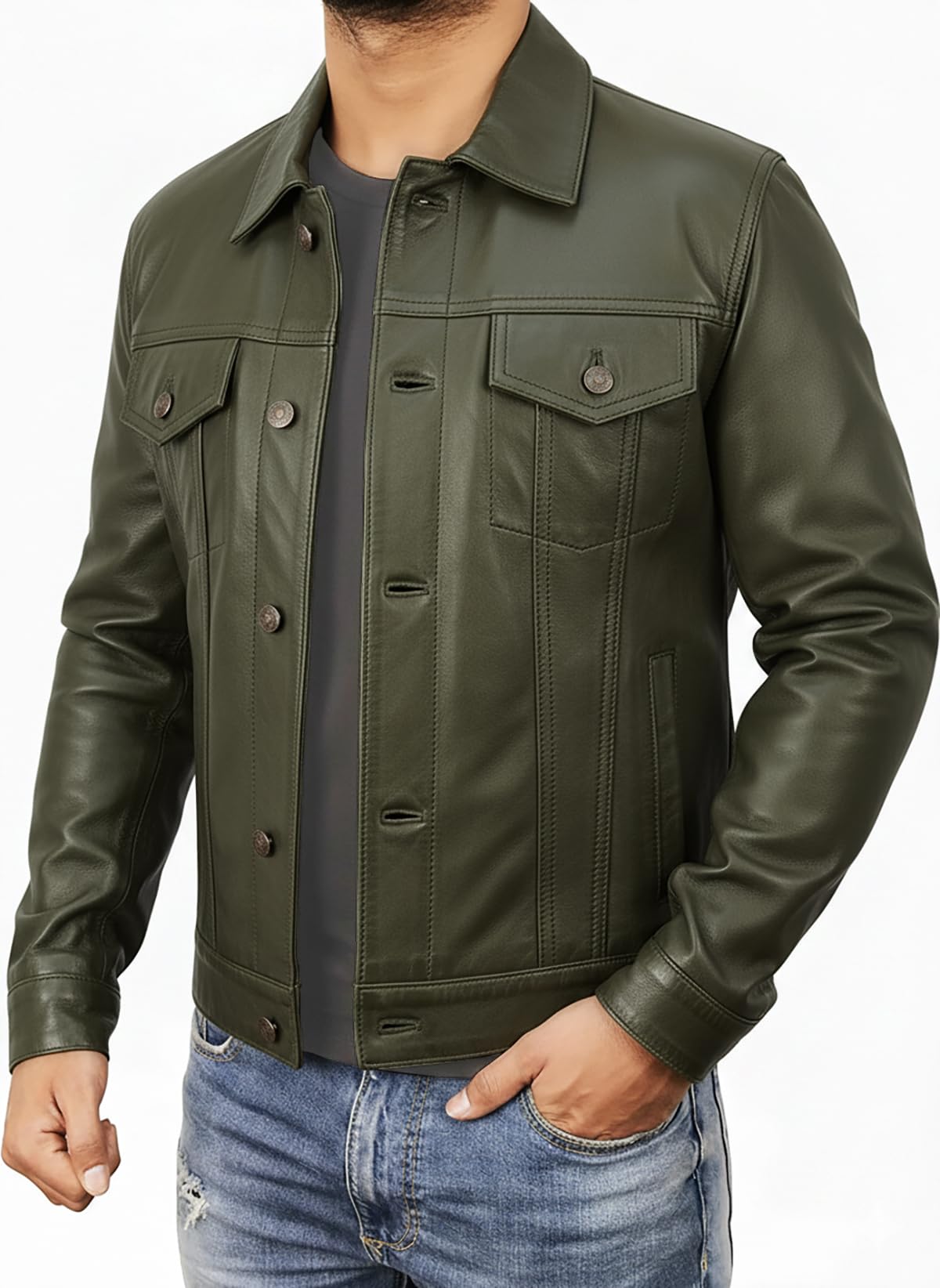 STOREJEES Trucker Jacket Men - Green Leather Jacket | Trucker Green - L