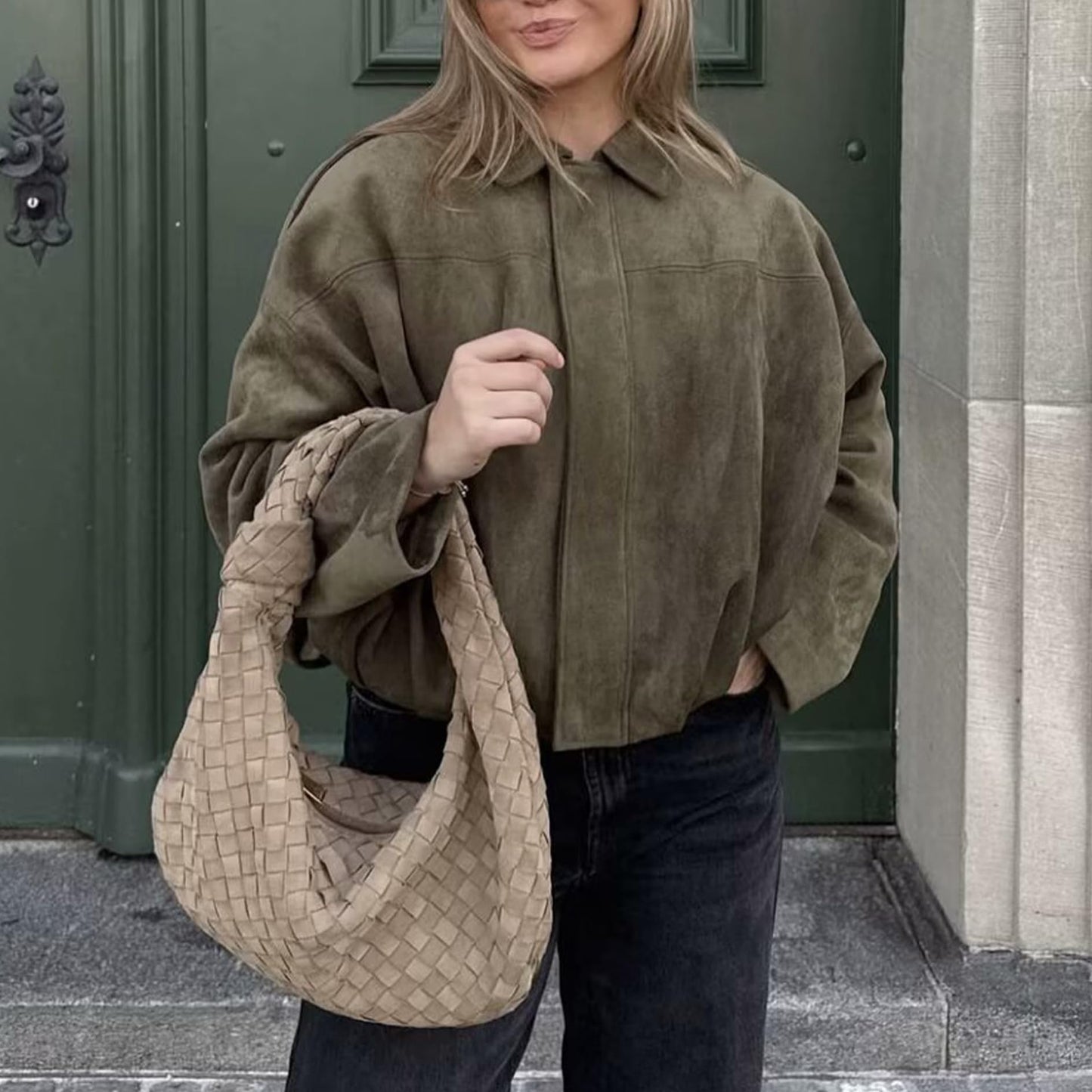 JoinQueen Faux Suede Jacket Women Oversized Long Sleeve Zip Up Epaulet Bomber Leather Jackets Oversized Casual Coat(Army-Green,M)