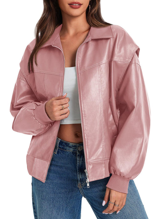Tankaneo Womens Oversized Leather Bomber Jackets Zip Up Motorcycle Coats