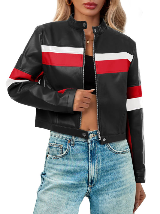 Tankaneo Womens Cropped Moto Biker Jackets Faux Leather Bomber Jacket Color Block Vintage Racing Coats