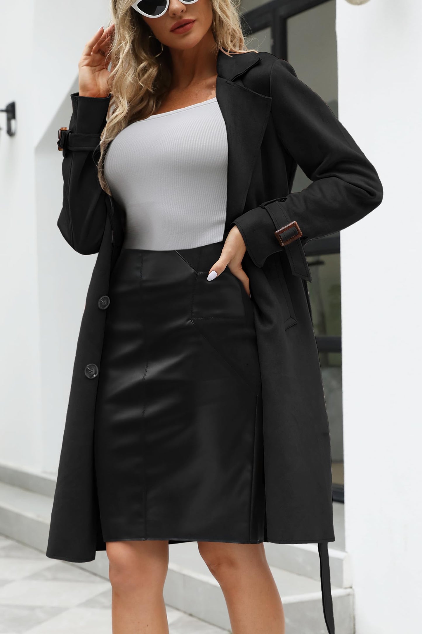 Bellivera Women's Faux Suede Leather Trench Coat Long Jacket, Lightweight Spring Windbreaker with Belt 18CLA Black M