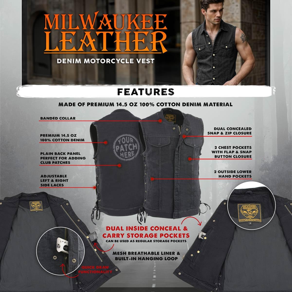 Milwaukee Leather Men's Classic Club Style Premium Denim Motorcycle Biker Vests MDM - Medium