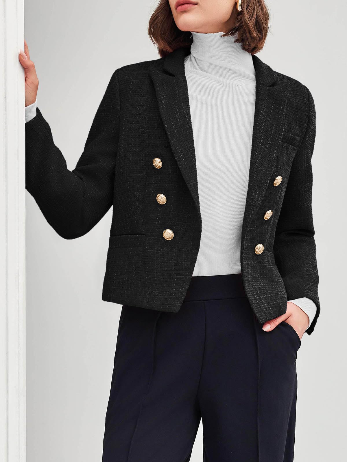 Cicy Bell Women Cropped Tweed Blazer Jackets Lapel Open Front Long Sleeve Business Suit Jackets with Pocket Black