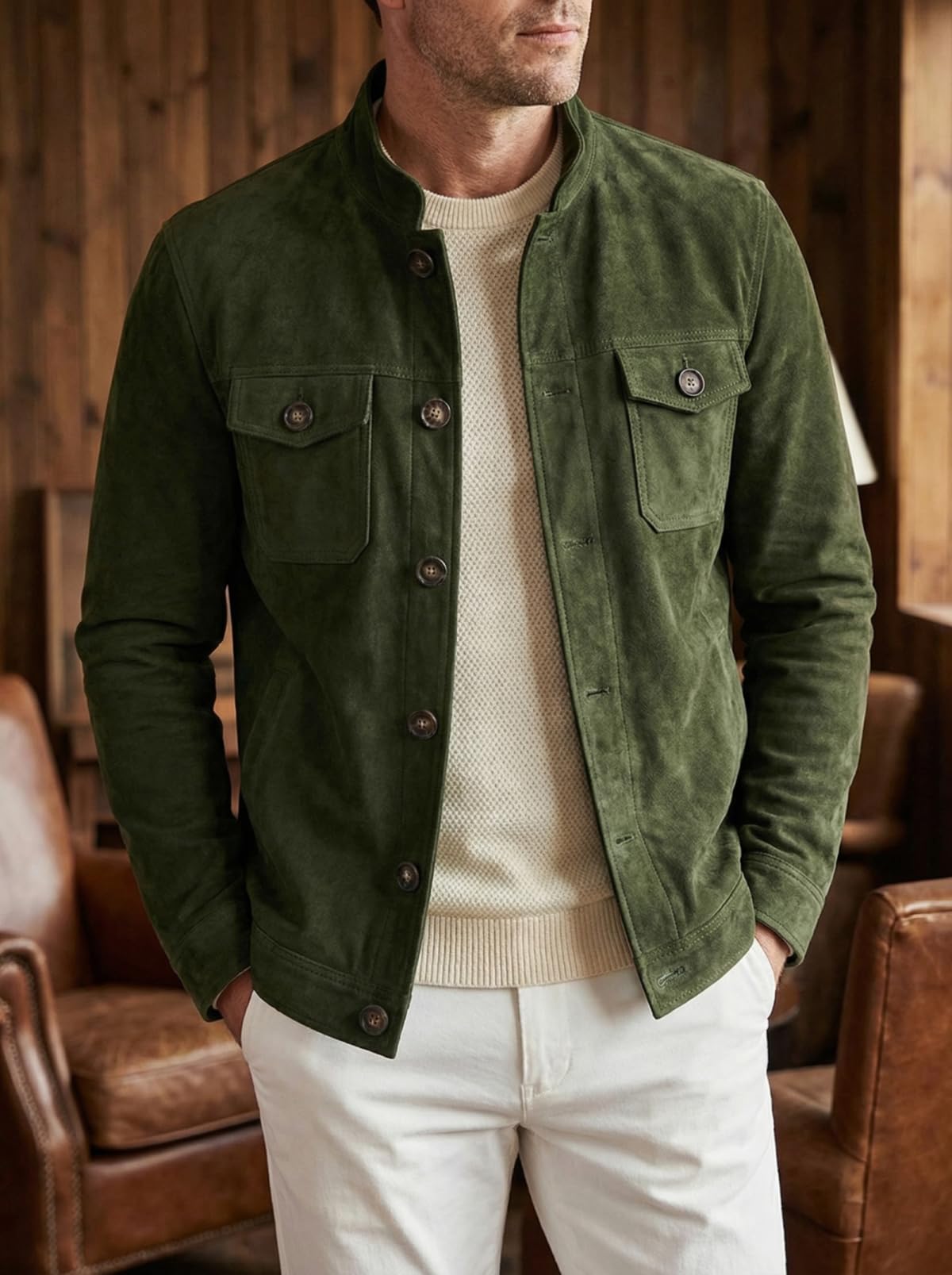 Men's Vintage Trucker Suede Jacket Lightweight Faux Leather Casual Western Blazer Sport Coat（Khaki，L）