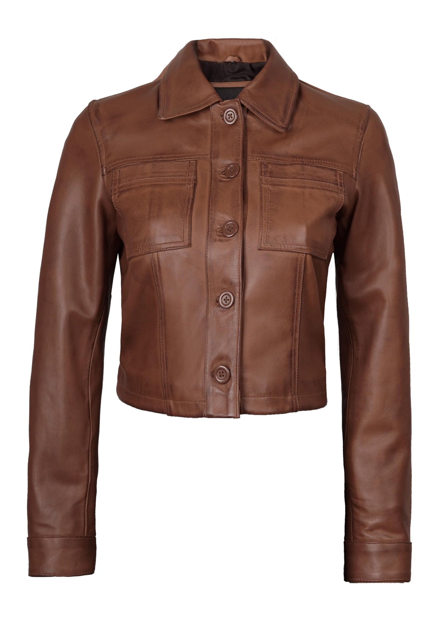 Decrum Womens Cropped Leather Jacket - Jackets For Women Leather | [1329312] Mable Cognac Wax, S