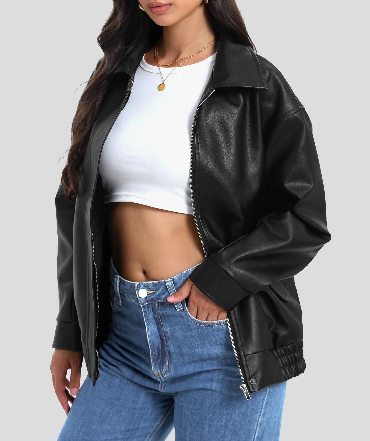 Casly Lamiit Womens Faux Leather Jacket Oversized Motorcycle Bomber Coat Winter Biker Black Jackets 2025 Trendy Street Clothes Black S