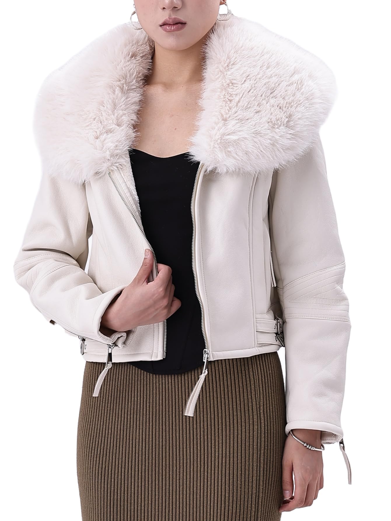 Bellivera Women's Faux Leather Aviator Sherpa Lined Winter Coat White L