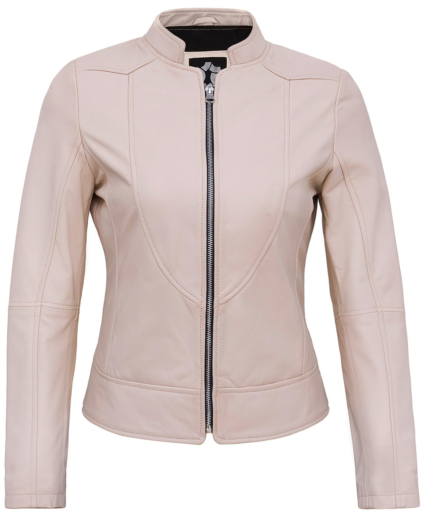 UrbanFocal Beige Leather Jacket For Women - Real Lambskin Cafe Racer Womens Leather Jackets | [101007604] Beige Amy, L