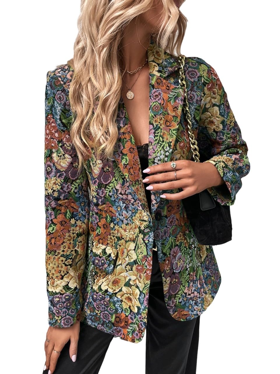 WDIRARA Women's Floral Print Lapel Neck Single Button Lightweight Jacket Blazer with Pocket Multicolor XS
