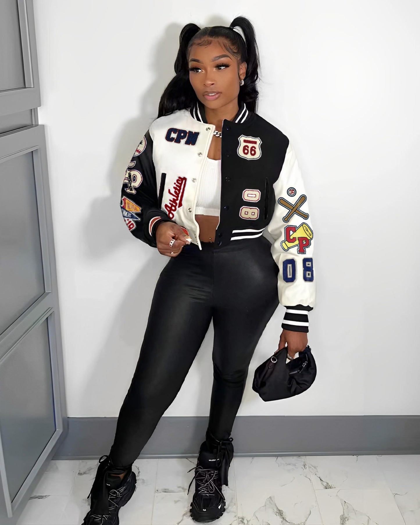 Glitrandi Varsity Jacket for Women Jacket with Patches Cropped Bomber Leather Jacket Woman Winter Spring 2025 S-XXL
