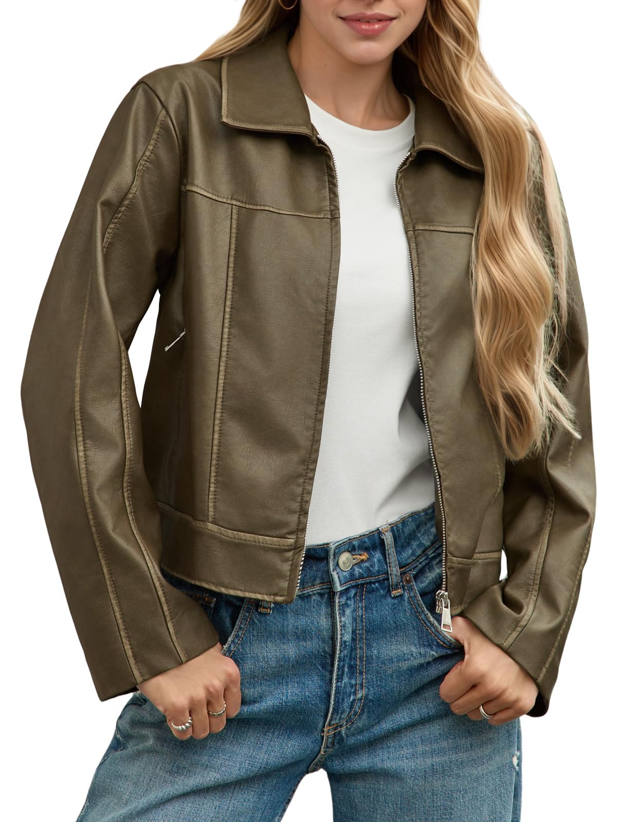 Yousify Womens Faux Leather Jacket Casual Zip Up Motorcycle Long Sleeve Collared Spring Cropped Coats with Pockets