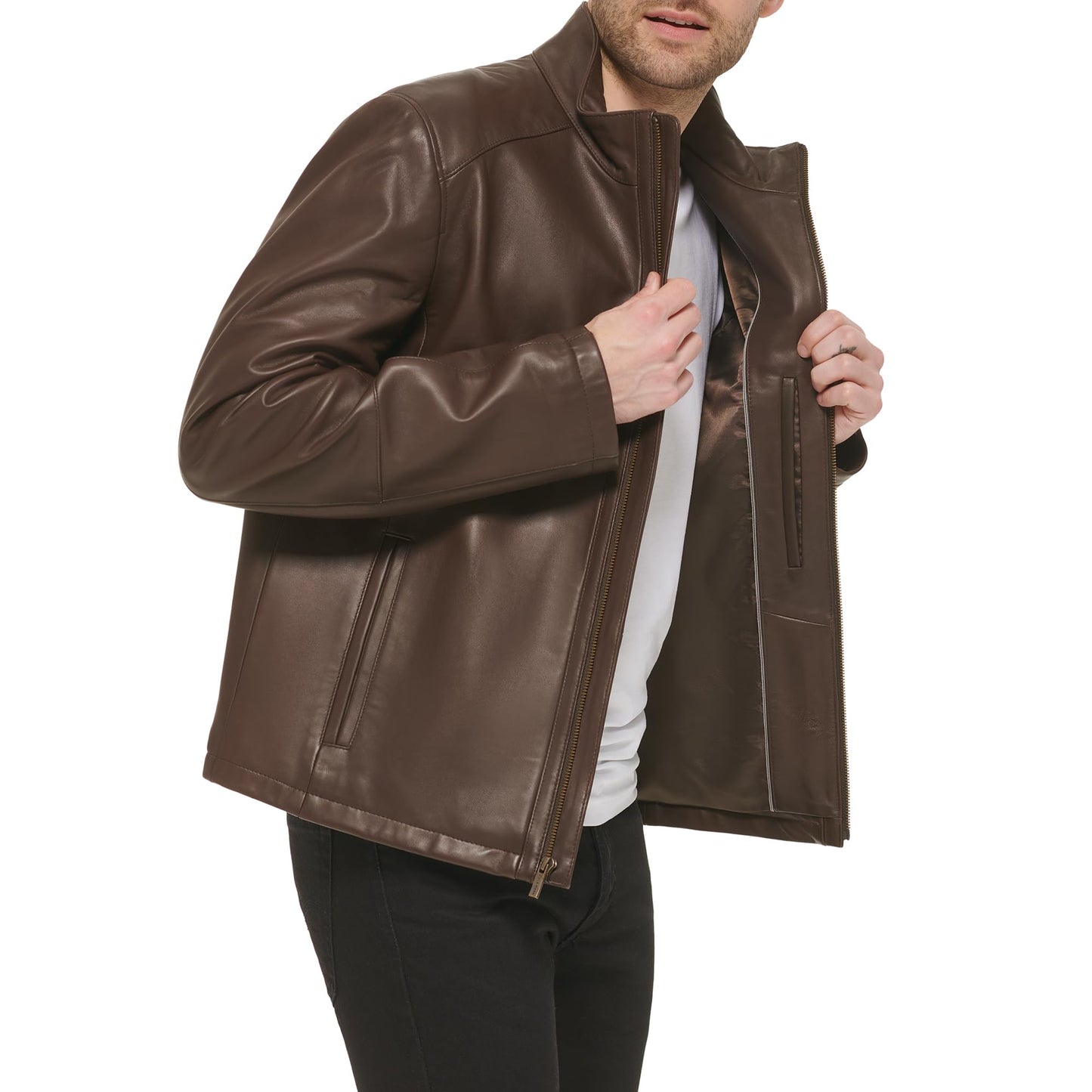 Cole Haan Men's Smooth Lamb Leather Moto Jacket, Java, Large