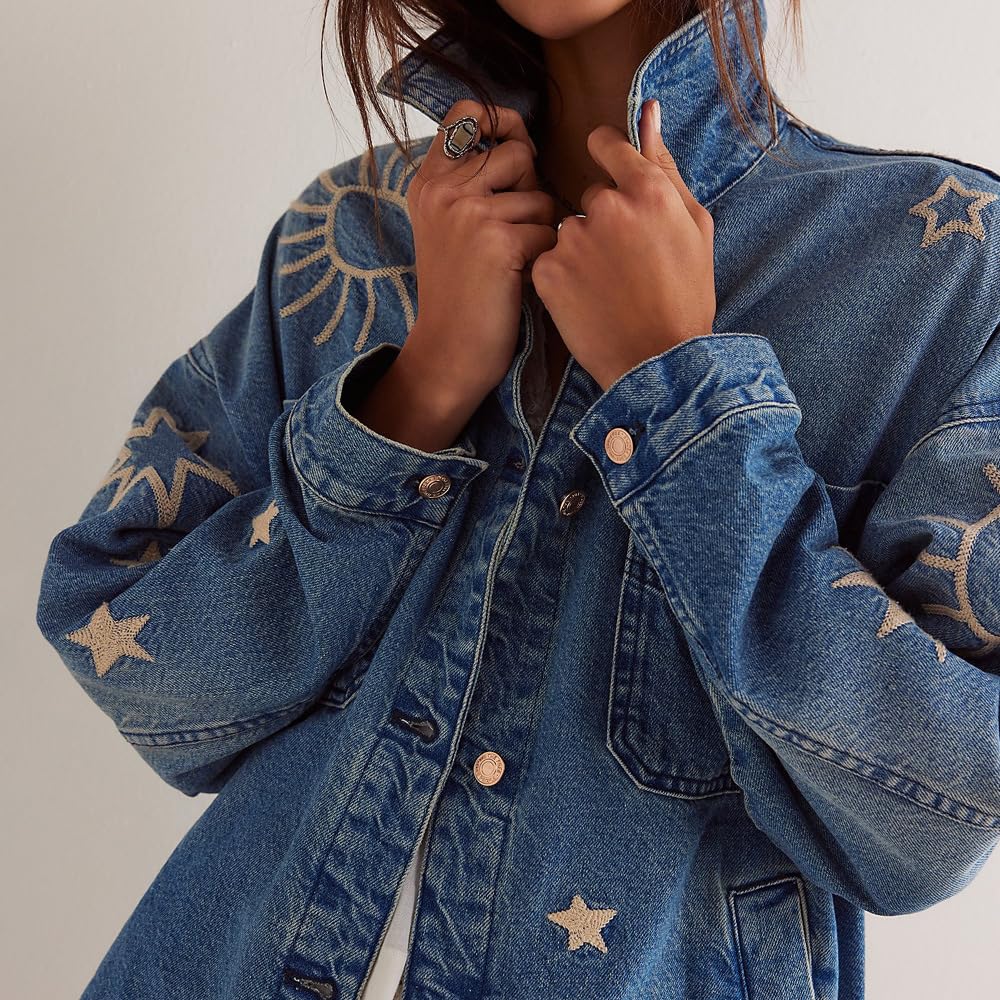 utcoco Women's Vintage Oversized Denim Jacket Embroidered Graphic Casual Loose Fit Button Down Jean Jacket (X-Large, Blue Embroidery)