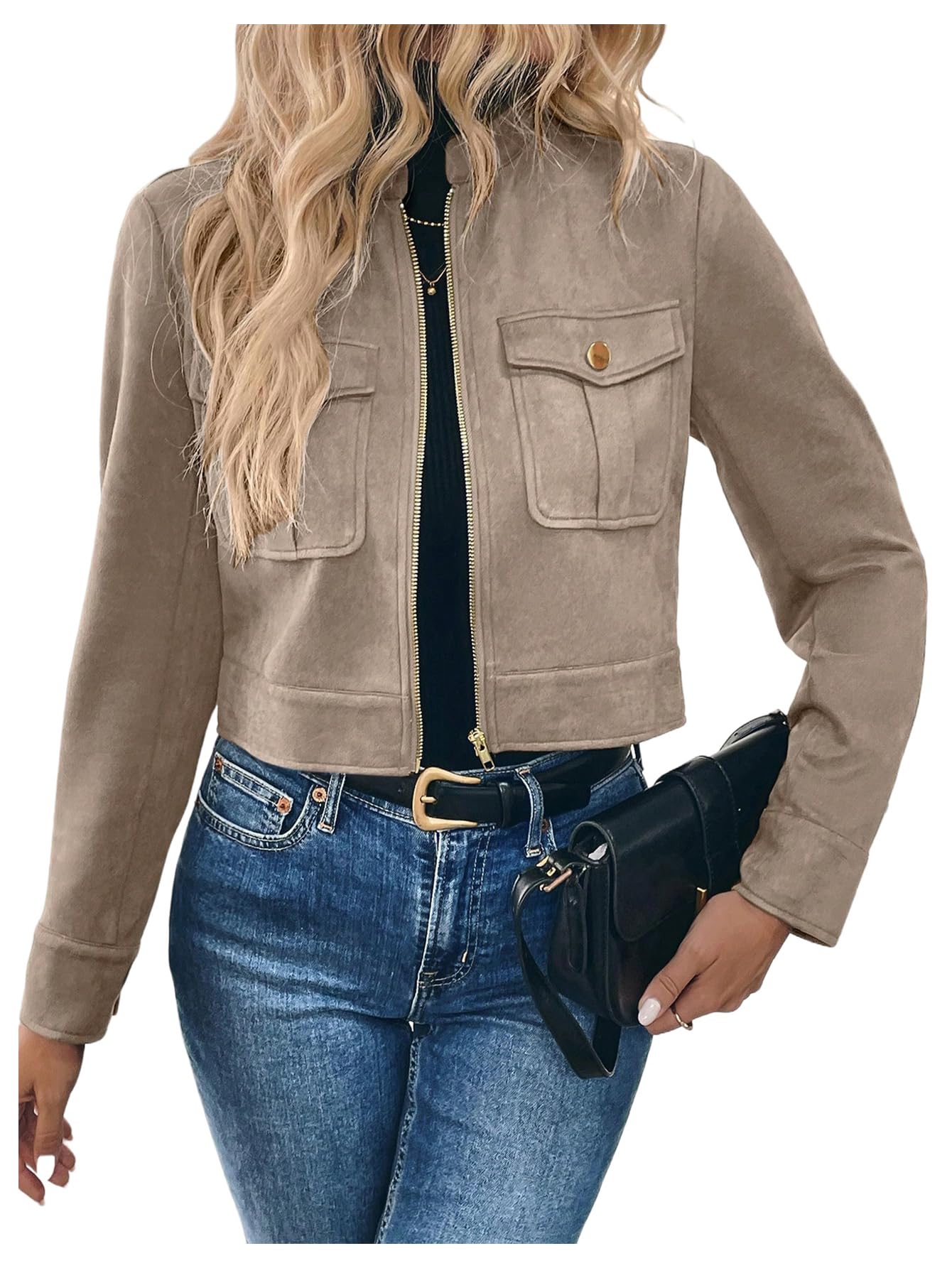Verdusa Women's Zip Up Crop Spring Jackets Faux Suede Long Sleeve Motorcycle Cargo Jacket with Pockets Apricot Medium