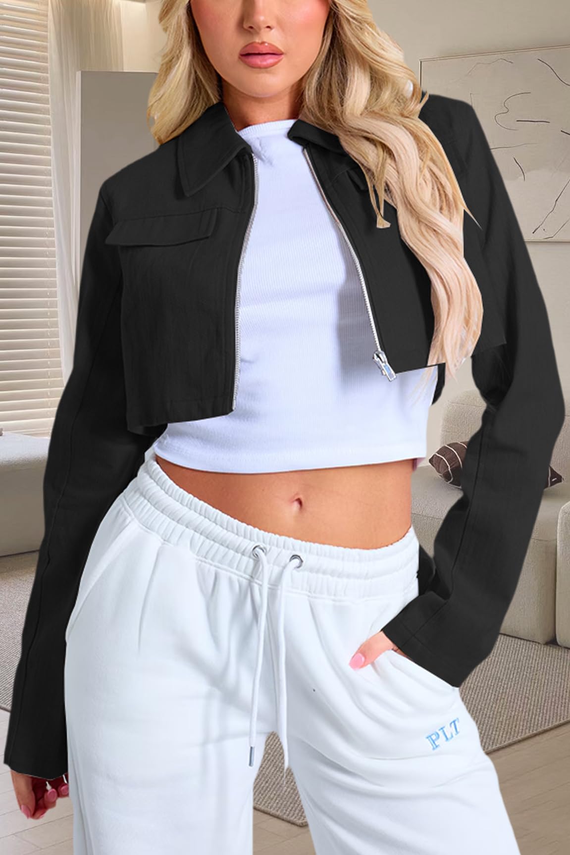 RomMoon Women's Cropped Jacket Casual Zip Up Long Sleeve Lapel Crop Tops Jackets Coat