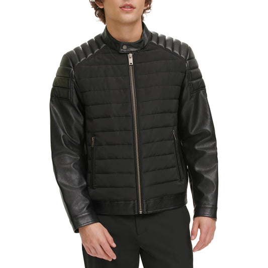 DKNY Men's Mixed Media Faux Leather Puffer Motocros Racer Jacket, Black, Large