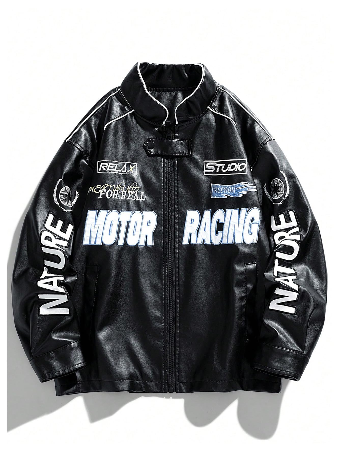 SOLY HUX Women's Faux Leather Motorcycle Jacket Y2k Racing Graphic Bomber Jackets Coat Streetwear Black Graphic X-Small