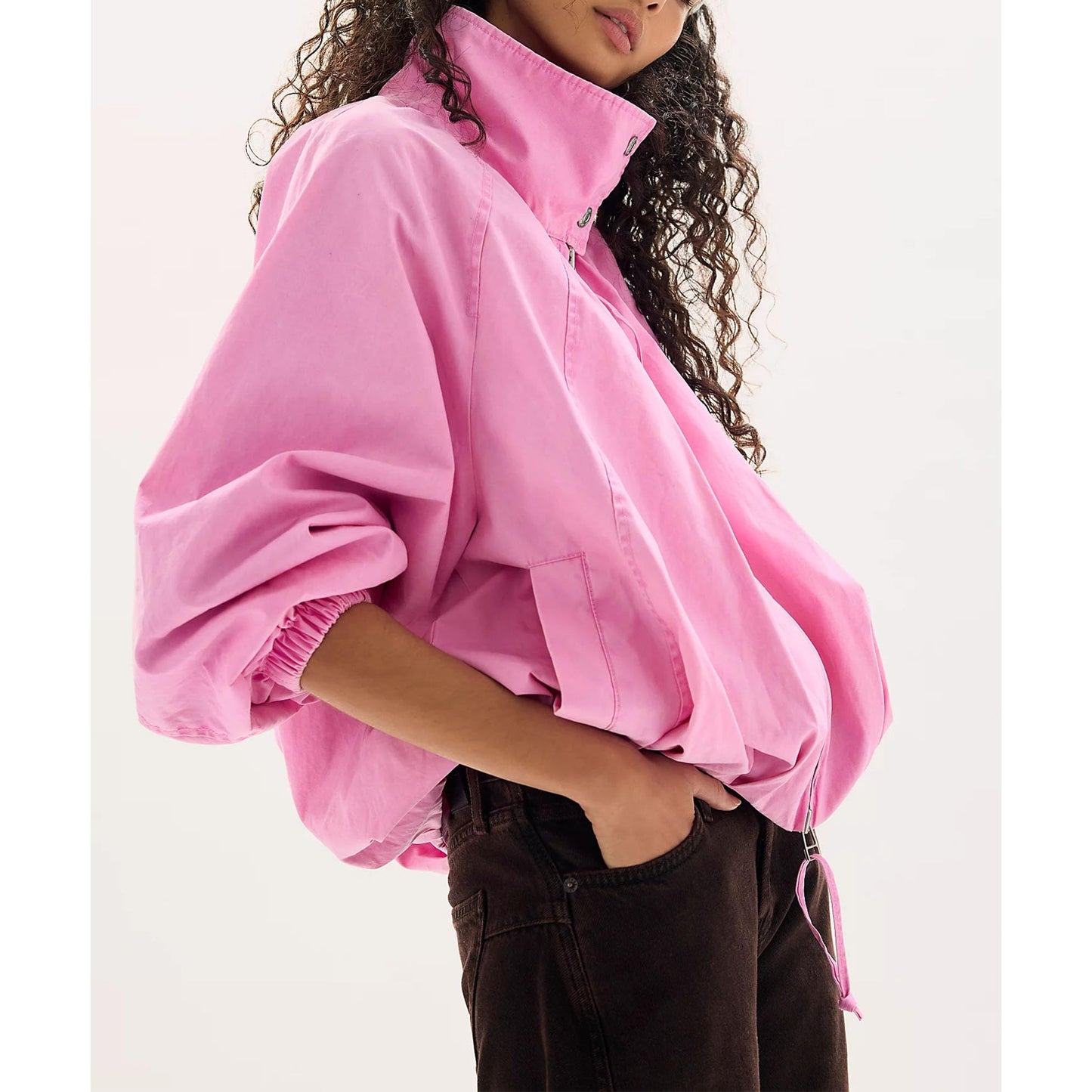 Yaykio Women Oversized Bomber Jacket Funnel Neck Zip Up Batwing Sleeve Fall Outerwear Coats Casual Outfits with Pockets(Pink,L)