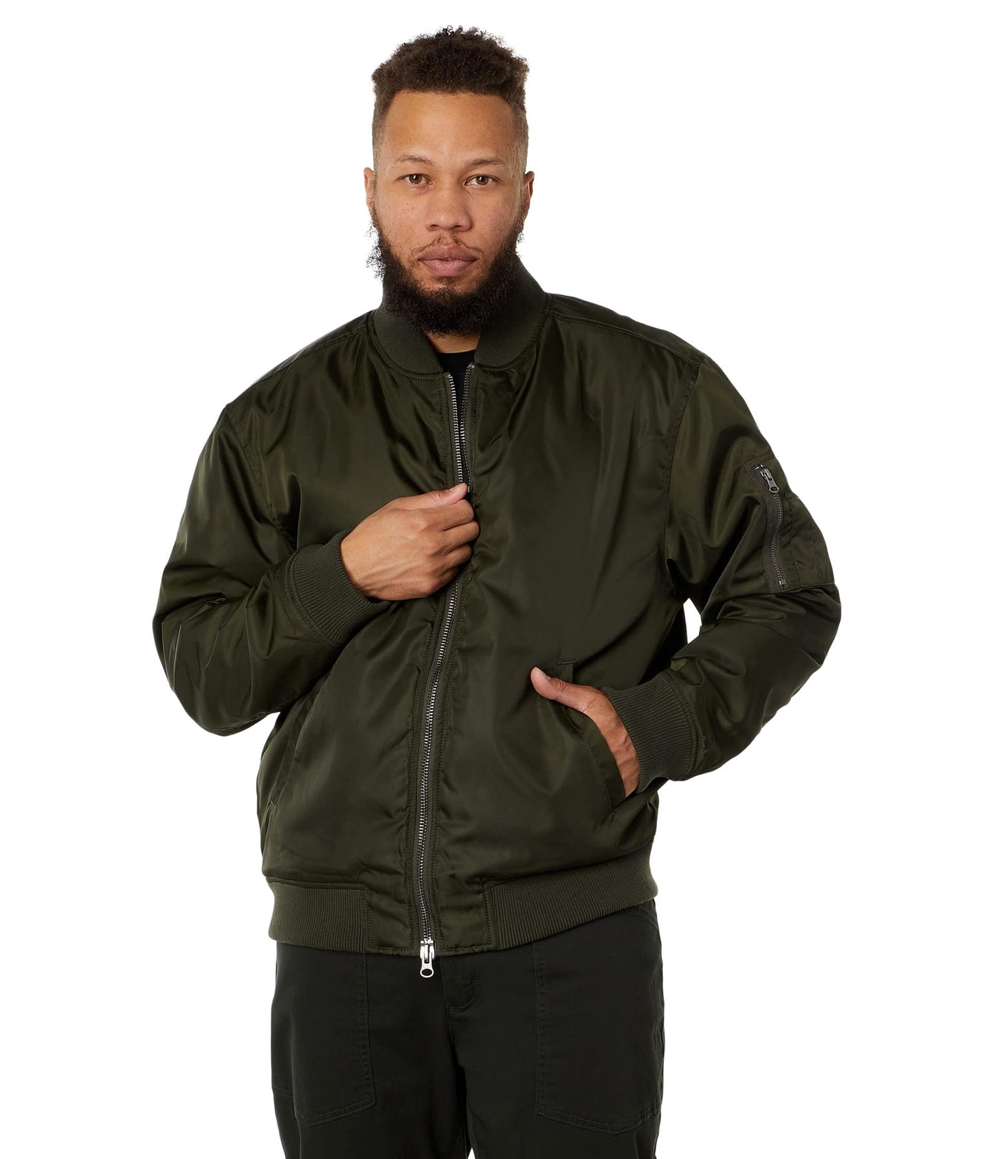 LABEL Go-To Bomber Jacket for Men – Low-Cut Collar – Front Zipper Closure – Multiple Pockets – 100% Nylon Olive MD One Size